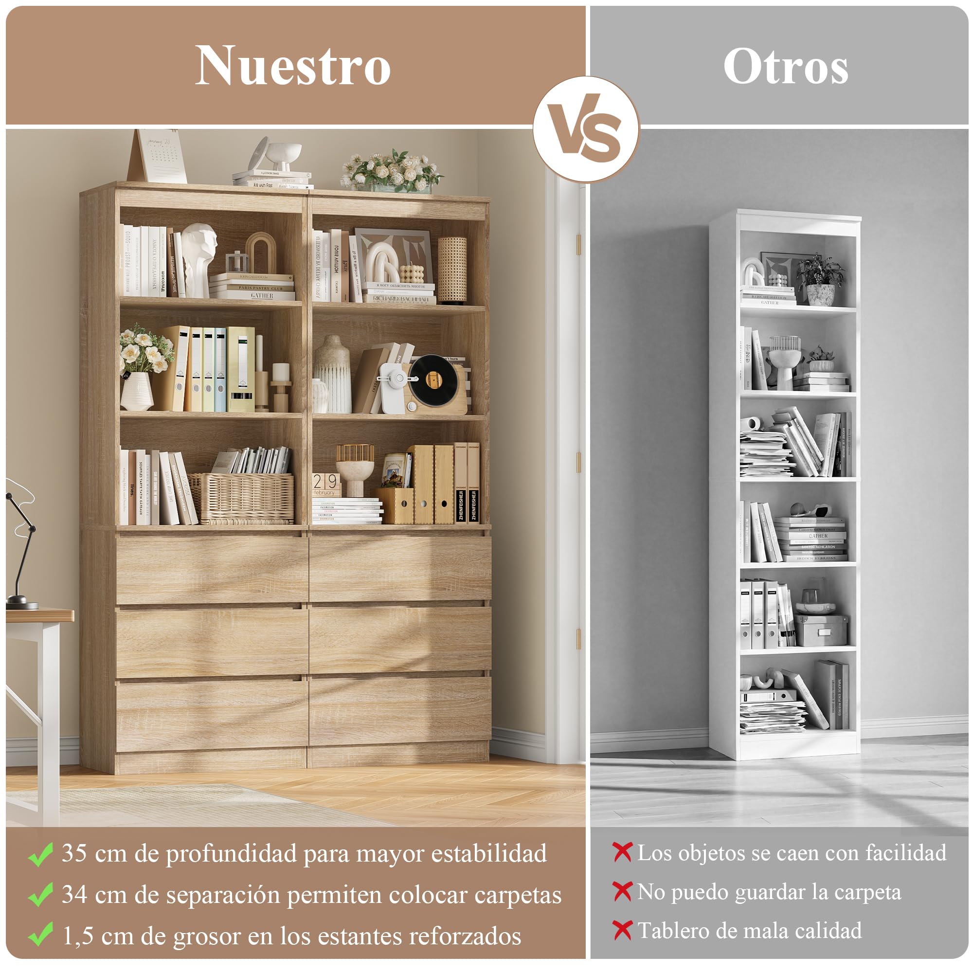 FirFurd 180cm Estantería de 3 Estantes con 3 Cajones, Librería Estantería | Mueble Organizar Documentos, Archivadores, Carpetas, Libros, para Oficina, Salón, Roble, 60x35x180cm