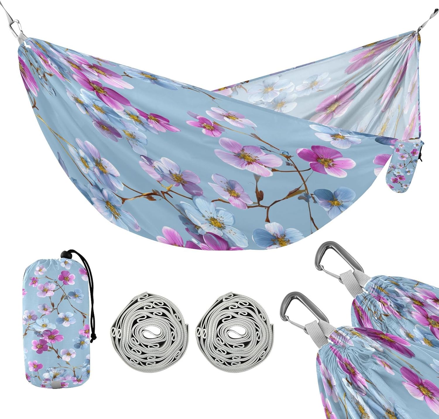 Blue Background Pink Flowers Camping Hammock Single Portable Hammocks 330 lbs Capacity with 2 Tree Straps and Attached Carry Bag,Perfect for Outdoor,Indoor,Beach,Camping,Travel