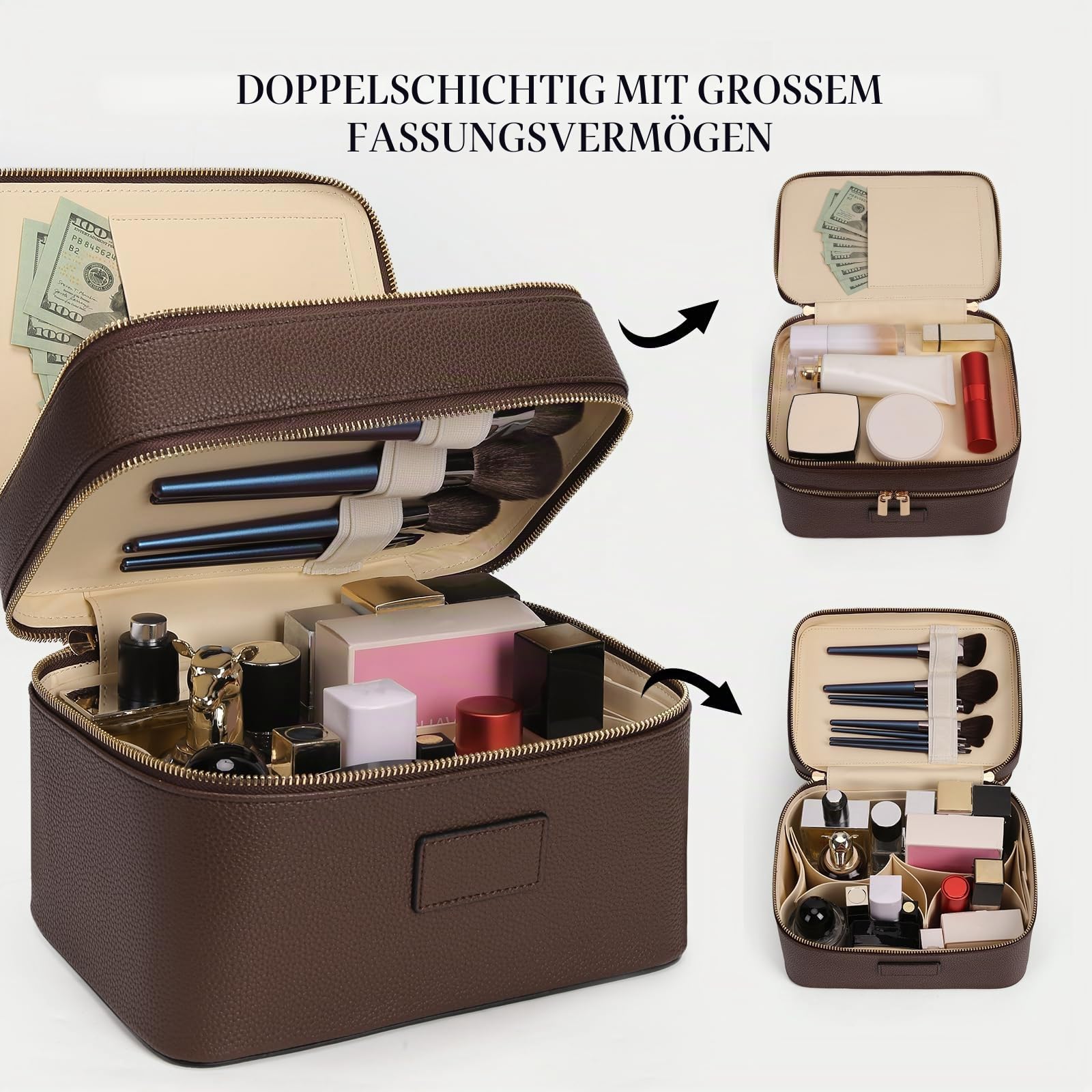 HiTotes Make-up-Tasche für Damen, groß, Leder, Make-up-Kulturbeutel, Reise-Kulturbeutel, doppellagig, Kosmetiktasche für den täglichen Gebrauch, A01-Kaffee, 9.45in, Kosmetikkoffer