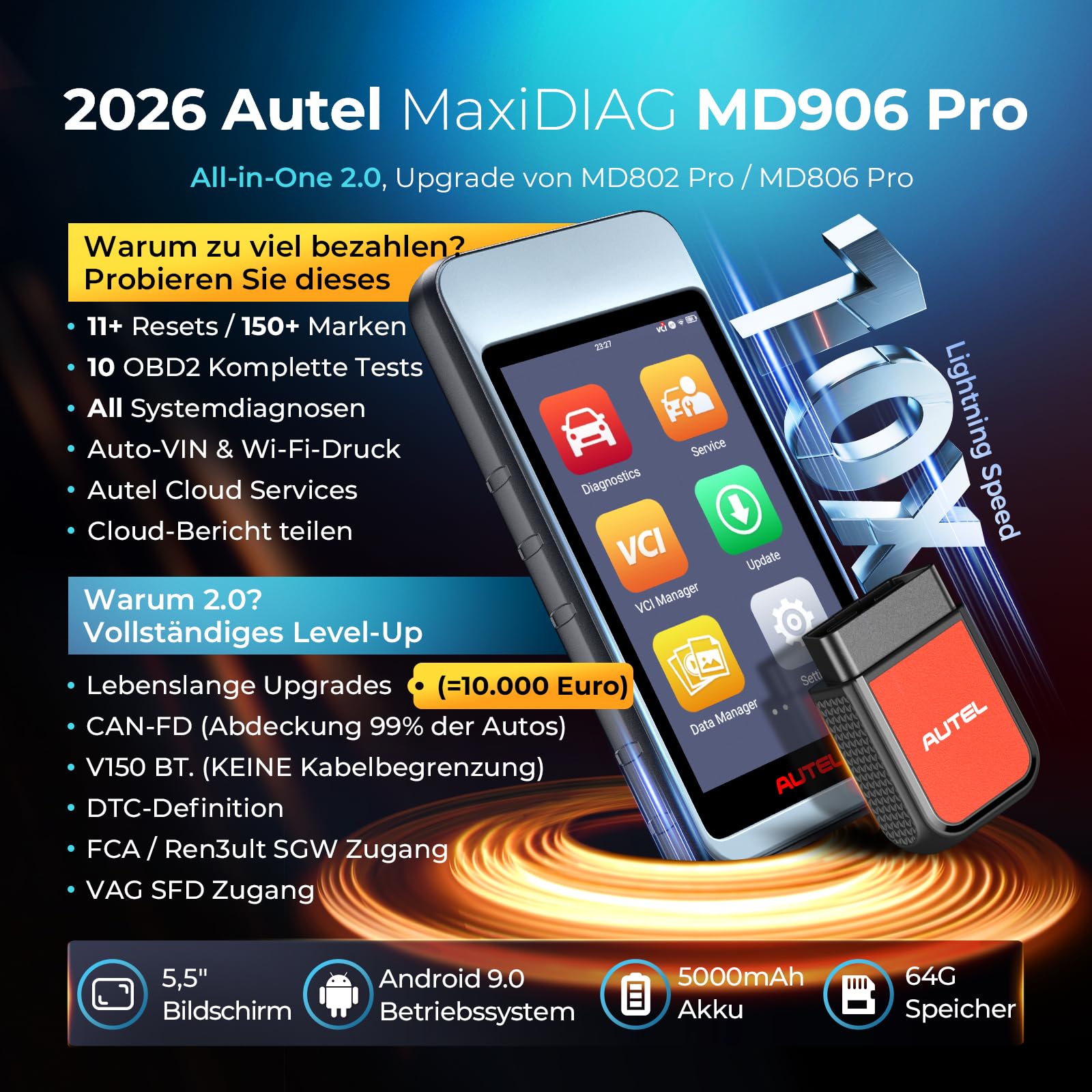 Autel MaxiDIAG MD906Pro OBD2 Diagnosegerät: 2026 Bluetooth Ver. von MaxiCOM MK808S MX808S, Upgrade von MD808PRO MD806 Diagnosegerät für Alle Fahrzeuge, FCA SGW CAN FD, 11 Dienst,Keine Abonnementgebühr