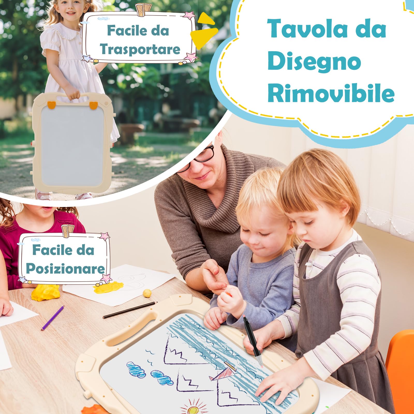 COSTWAY Cavalletto per Bambini, Lavagna Magnetica a Doppia Faccia Regolabile in Altezza, Tavolo da Disegno Staccabile con Manico Portatile e 2 Tazze, per Bambini 3 Anni + (Verde+Blu)
