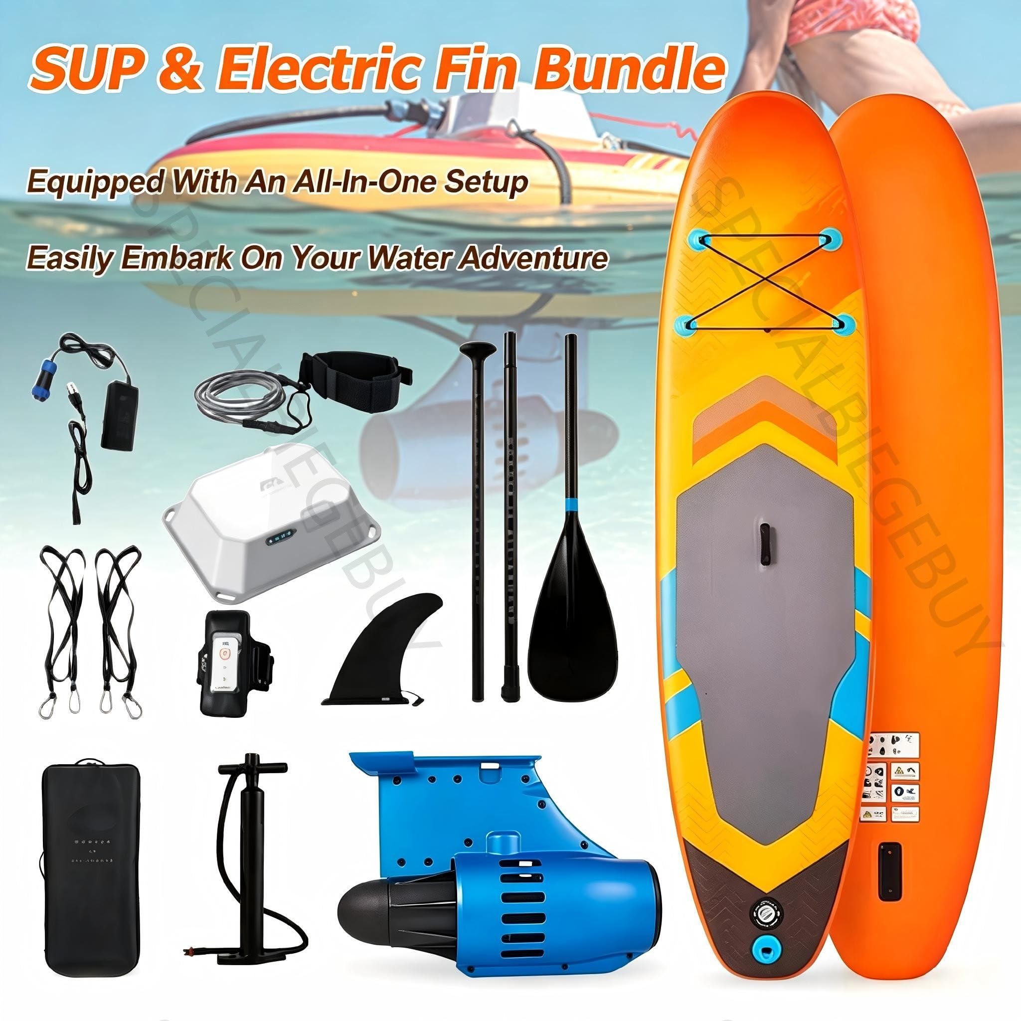 Motor Fueraborda Eléctrico12V & Tabla Paddle Surf Hinchable | Stand Up Paddle Board Inflable con Remo,366×84cm Padel Surf para Jovenes y Adultos, Soporta hasta170 kg,Sin Hélice Exterior