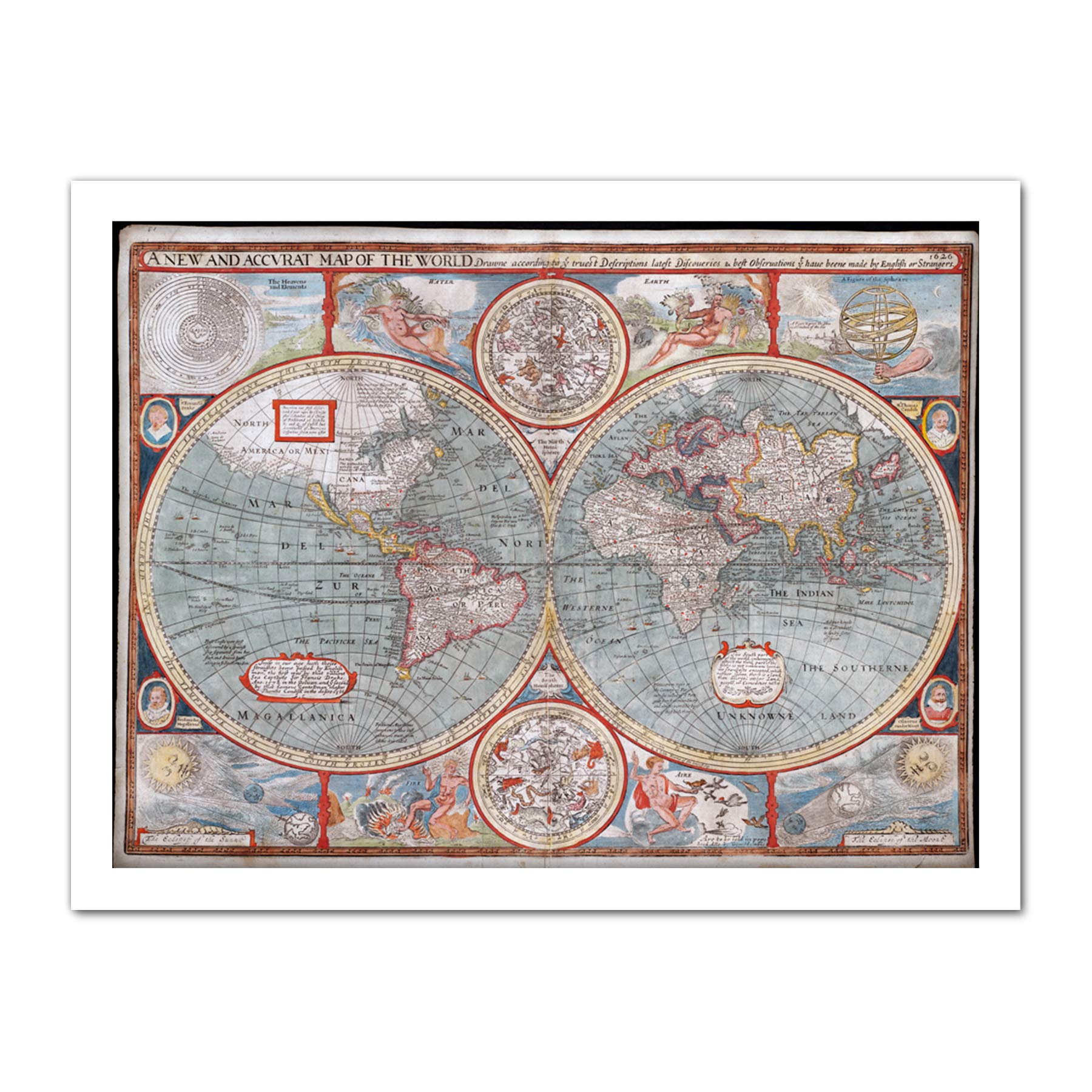 Speed 1626 Pictorial Map World Hemispheres Artwork Framed Wall Art Print 18X24 Inch