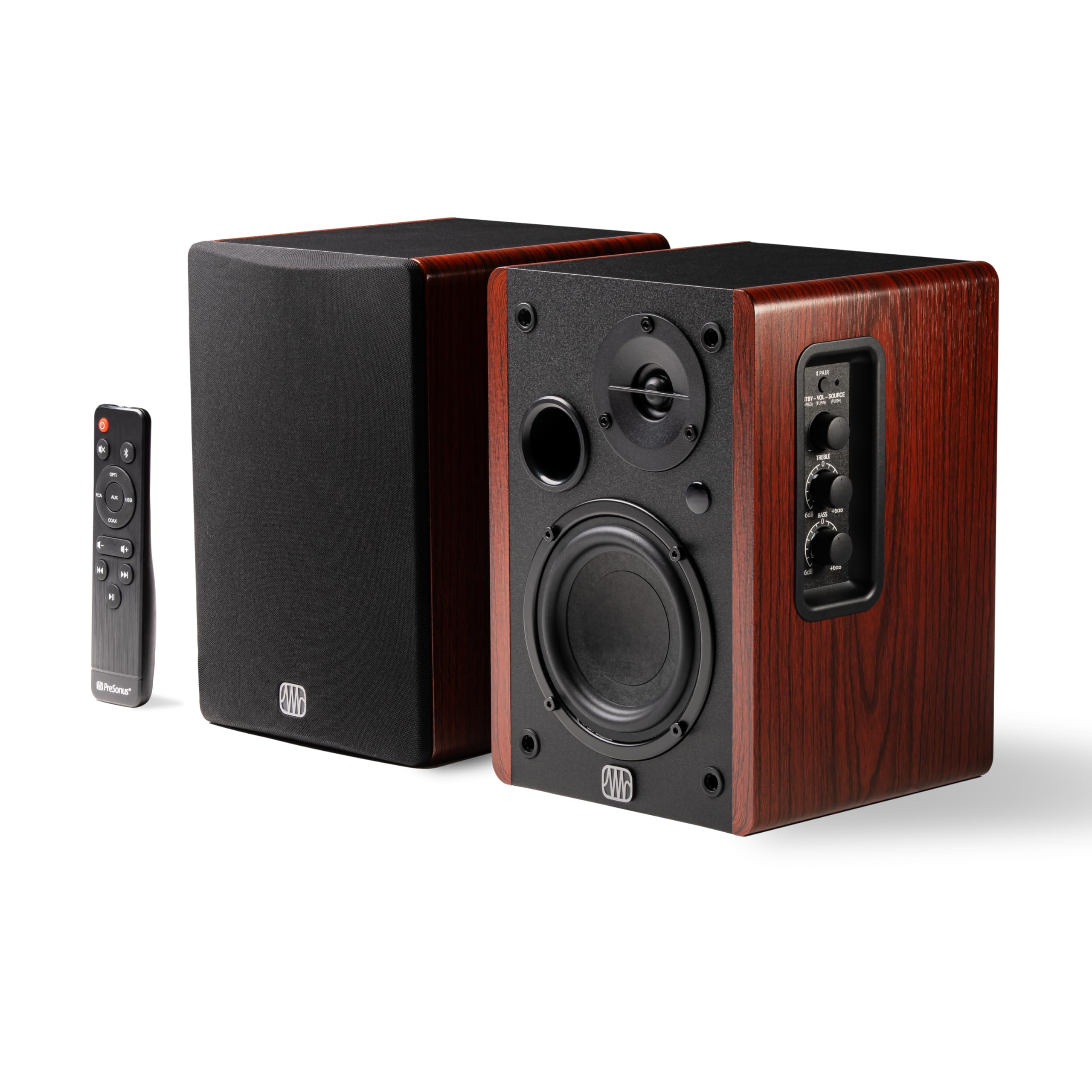 Enceintes bibliothèque actives sans fil PreSonus Eris Accent BT — Enceintes bibliothèque multimédia Bluetooth pour PC, jeux, ordinateur, TV, paire d'enceintes (bois)