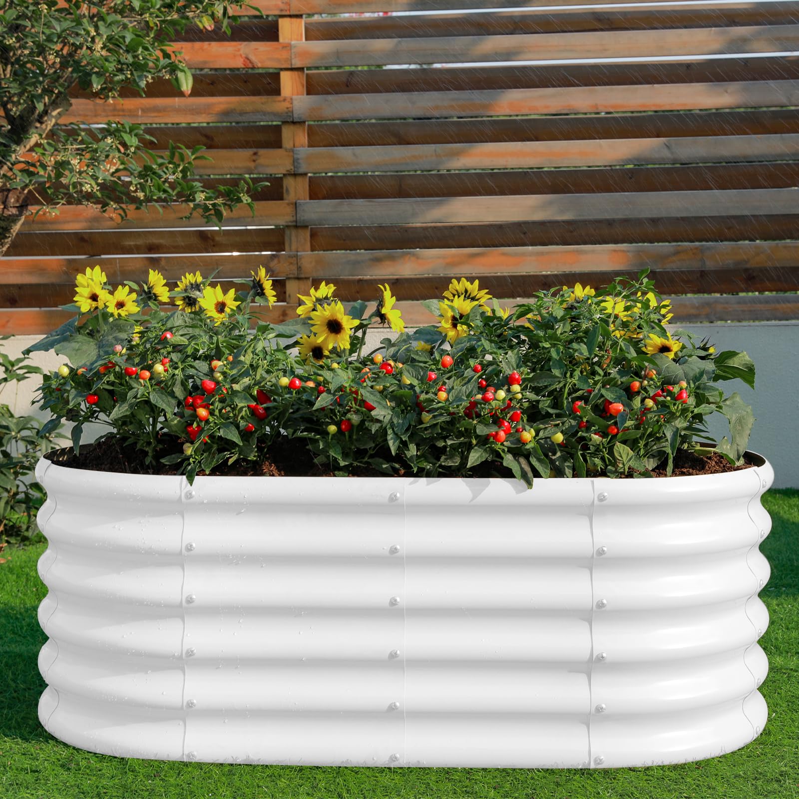Land Guard Verzinktes Hochbeet, 45,7 cm hoch, 1,2 x 60 cm, verzinktes Pflanzgefäß, Gartenkästen für den Außenbereich, ovales großes Metall-Hochbeet für Gemüse, Perlweiß, 4 x 2 x 1,15 m
