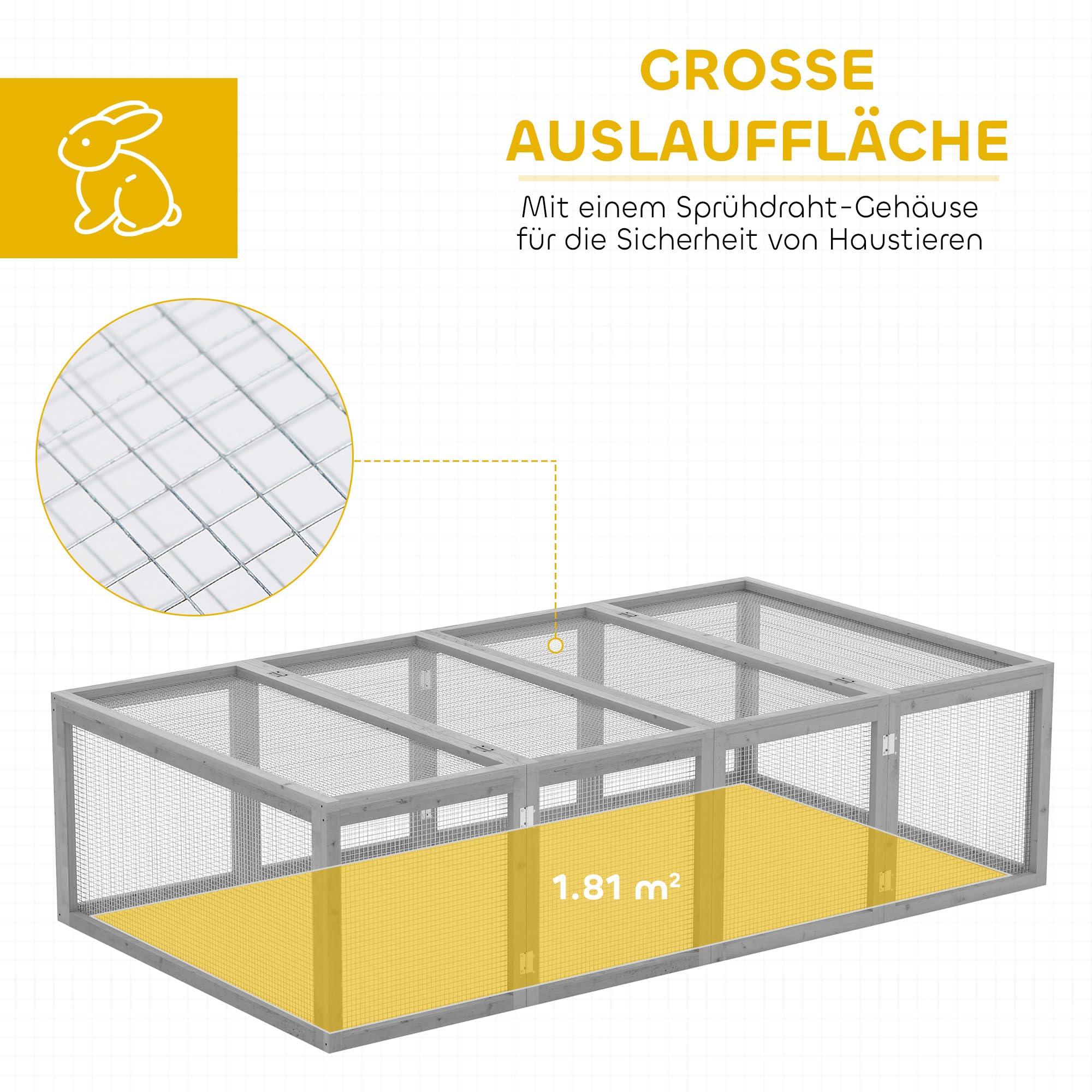 PawHut Hasenstall Kaninchenstall aus Holz Winterfest Kaninchenkäfig mit aufklappbar Dach 181x100x48 cm Kleintierstall Hasenkäfig für Kleintiere Kaninchen Meerschweinchen Indoor Outdoor Grau