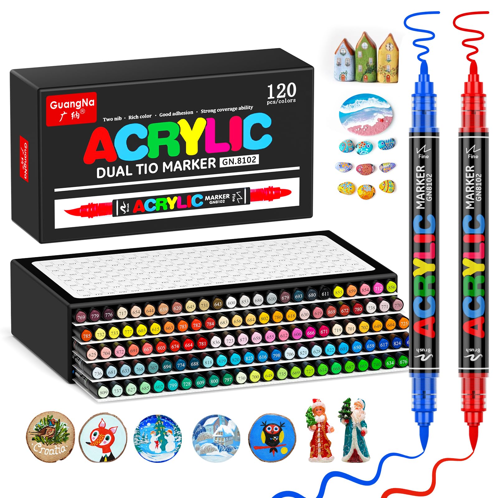 120 Colores Rotuladores Acrilicos Permanentes(Punta pincel & fina | Rotuladores de Pintura Acrílica Punta pincel & fina para Pintar Piedras, Tela, Cerámica, Vidrio, Madera, Metal