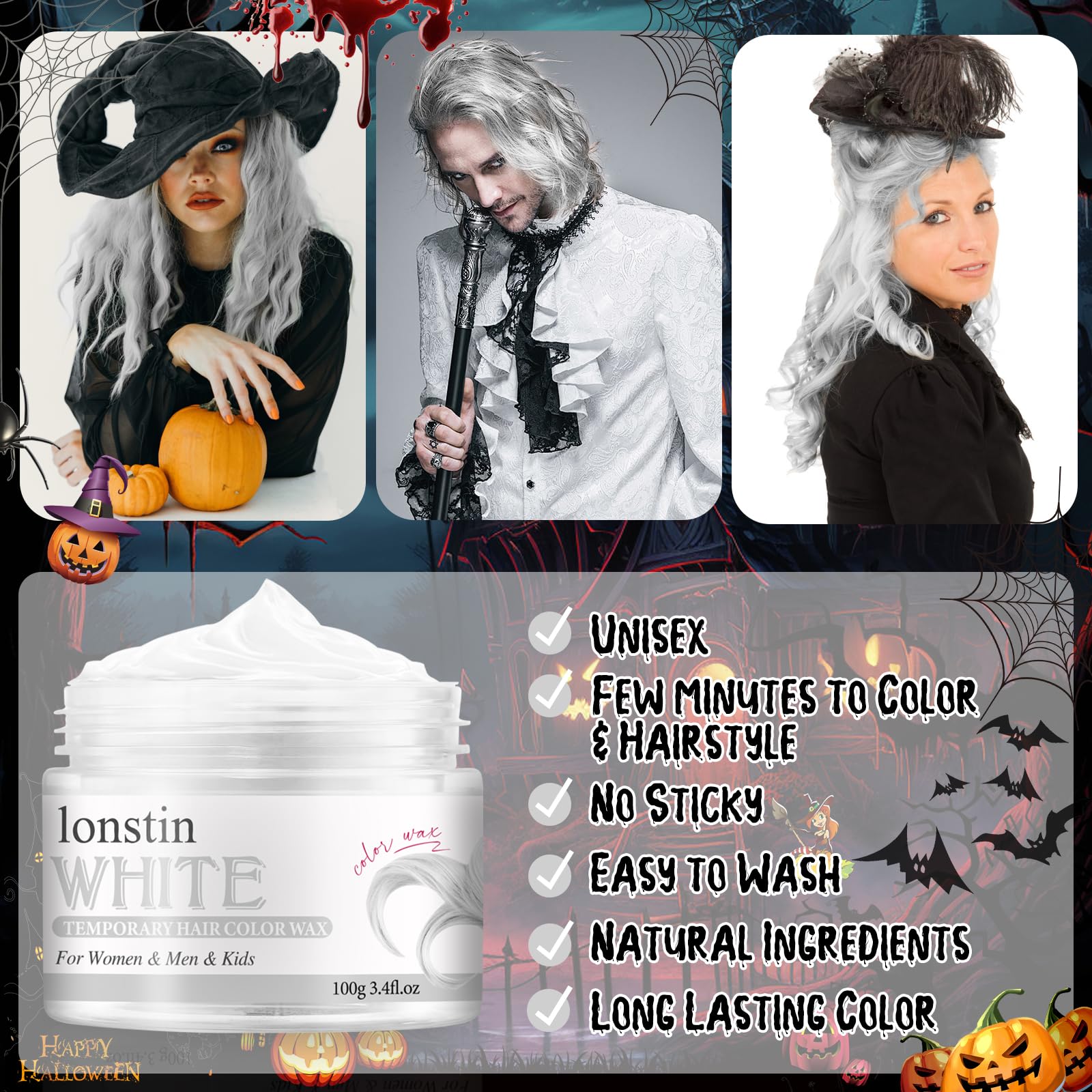Tymczasowy kolor włosów zmywalny, Tymczasowy wosk do włosów Wosk Naturalny fryzura Pomada Dla mężczyzn Kobiety Party Cosplay Halloween Boże Narodzenie (białe)