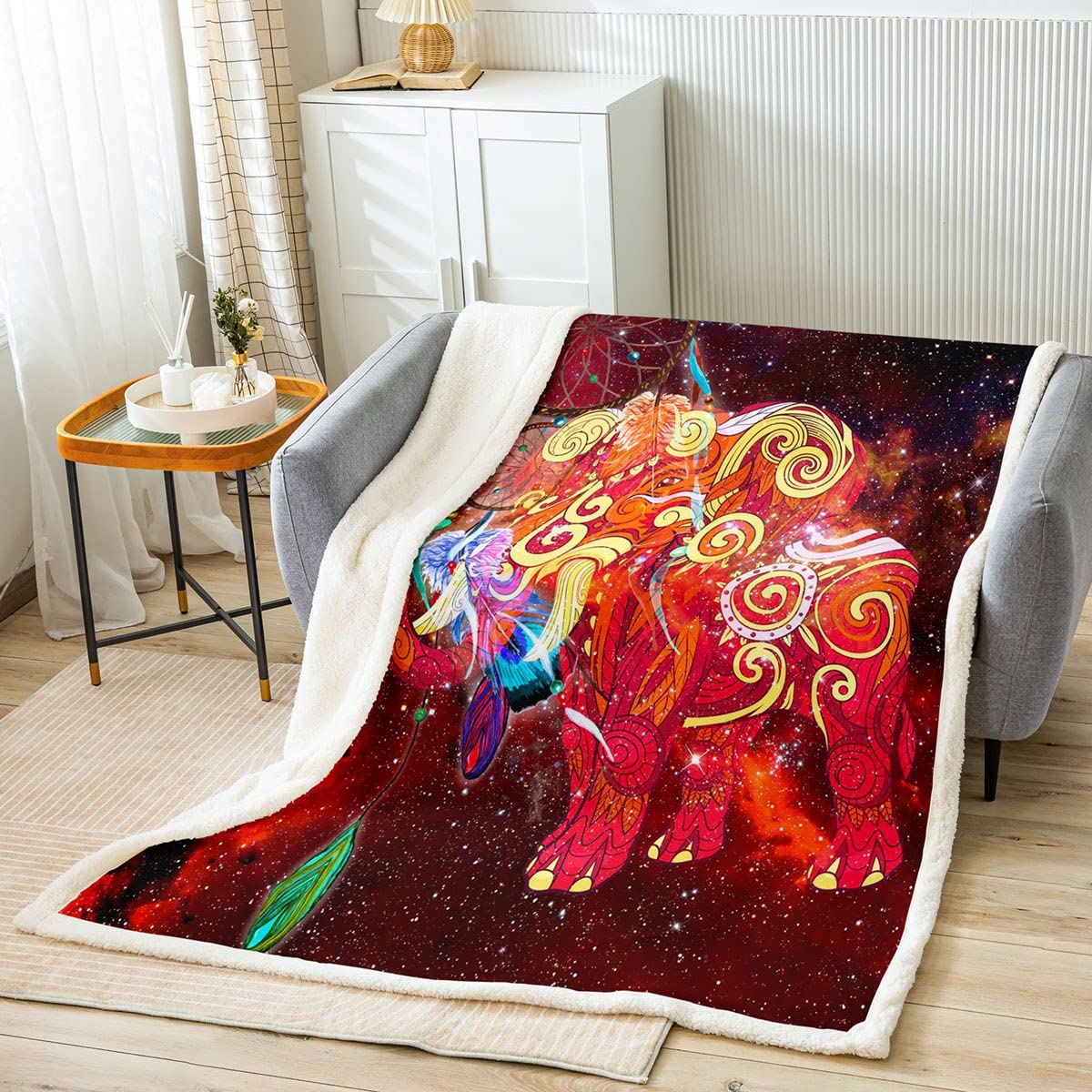 Manta de forro polar para cama, sofá, bohemio, estilo exótico, manta de felpa, atrapasueños, manta bohemia, atrapasueños, manta cálida y difusa, color rojo, Galaxy King, 87 x 94 pulgadas