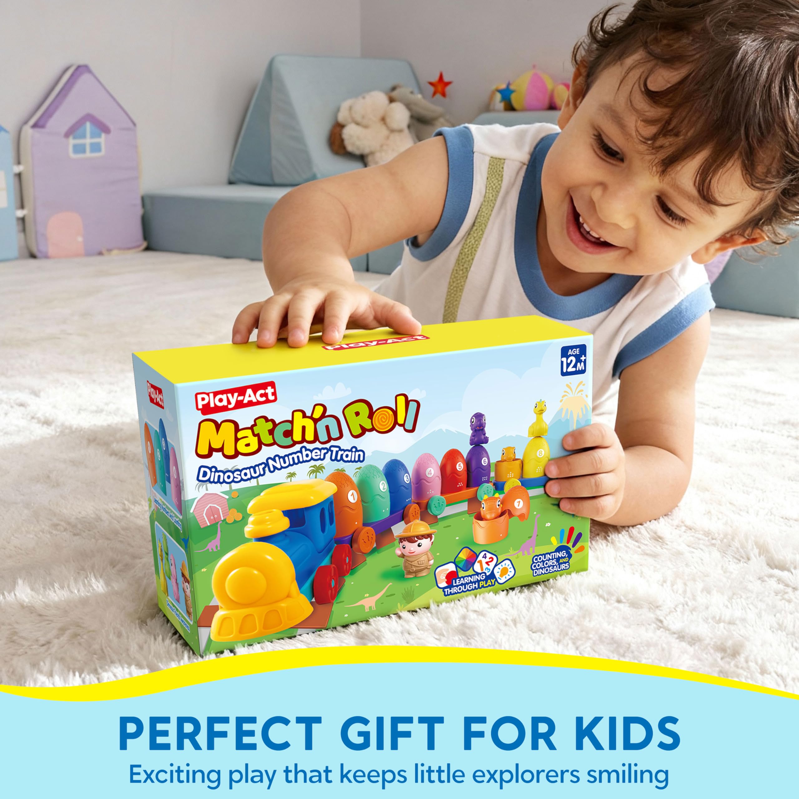 Play-Act Zabawka edukacyjna dla małych dzieci w wieku 1-2-3 lat, liczenie, dopasowywanie i sortowanie Montessori do nauki dinozaurów, w tym 9 dinozaurów, prezent urodzinowy dla chłopców i dziewczynek