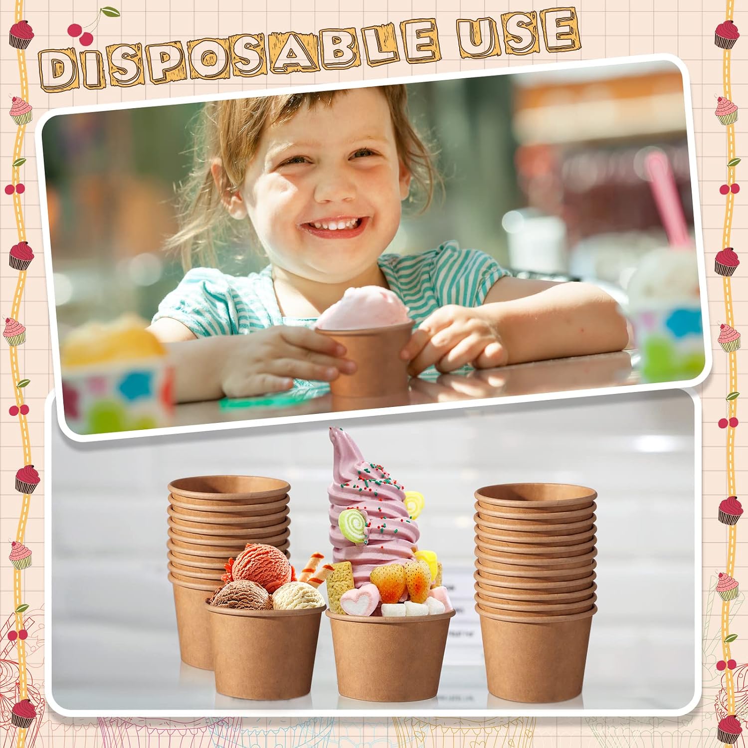 Honeydak 200 Pack Brown Kraft Ice Cream Cups Bulk 5 oz Small Disposable Treat Paper Cups Dessert Yogurt Bowls Snacks Sundae Yogurt Container for Summer Ice Cream Wedding Birthday Party Supplies