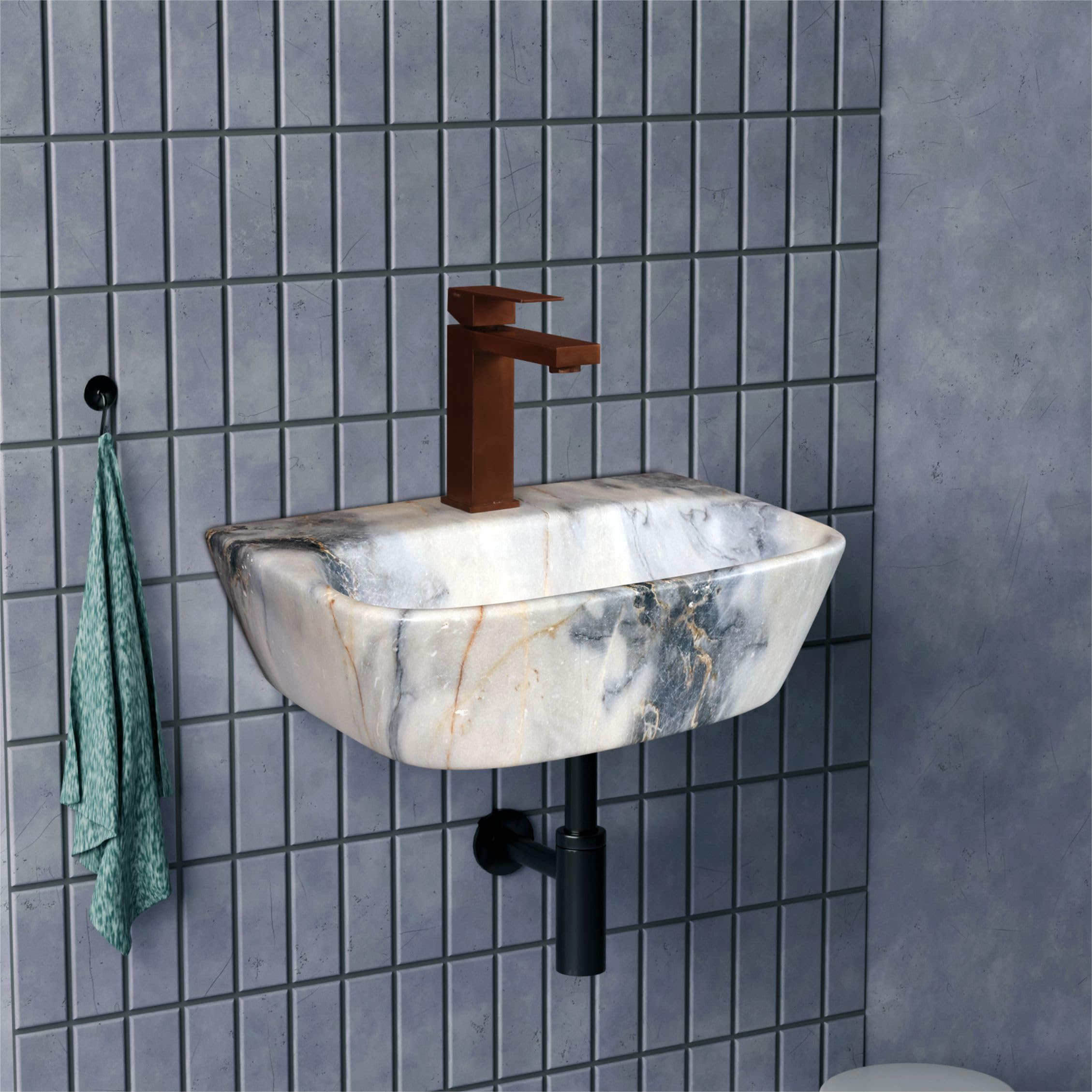 HISRE Wall Mount Wash Basin 17 x 12 x 5 Inch | White Ceramic Sink with Grey & Golden Marble Finish | Modern Rectangular Bathroom Basin for Home, Office, and Hotels, photo 1 of 5