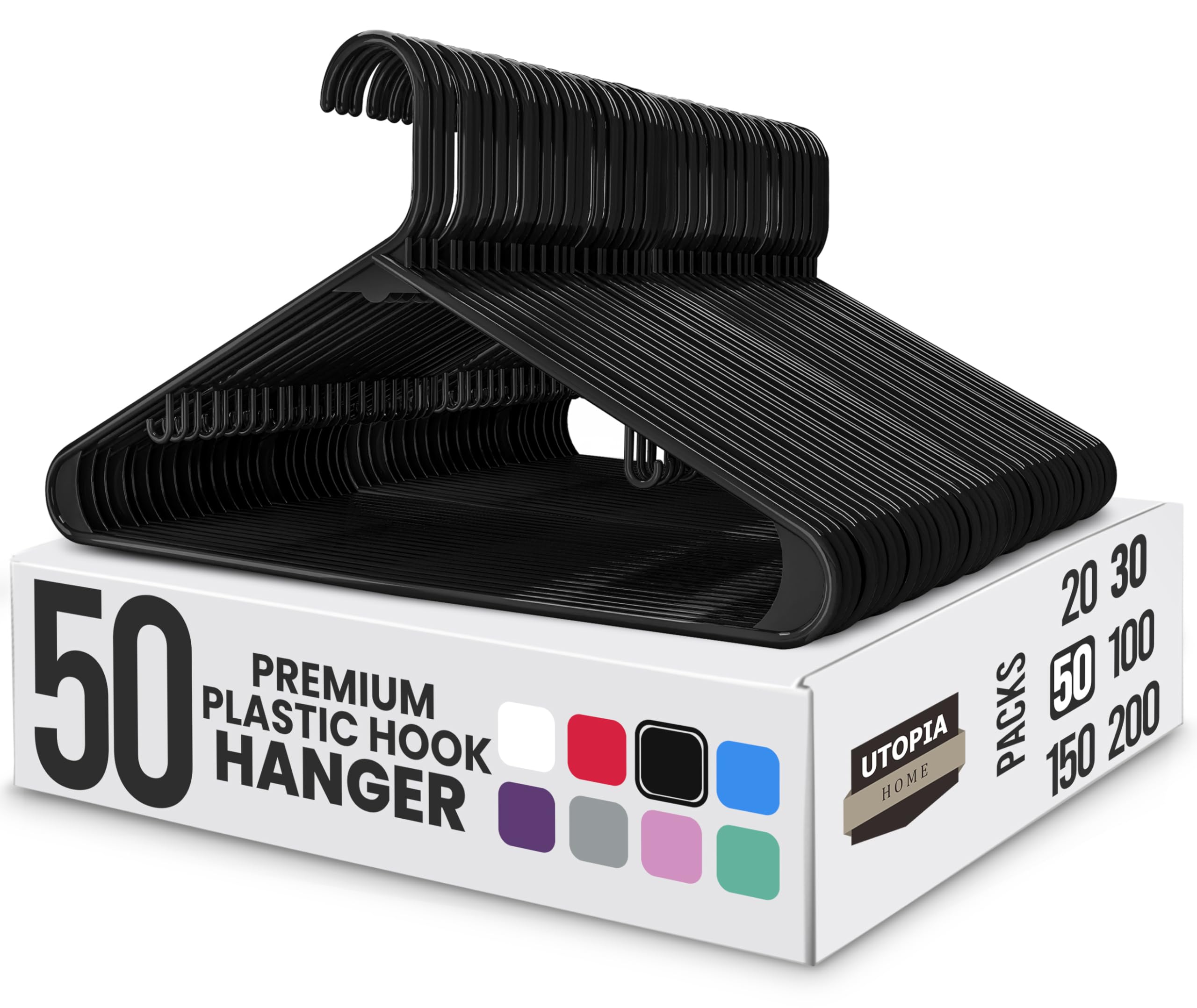Utopia Home Plastic Hangers 50 Pack, Black Coat Hangers, Slim Space Saving Non-Slip Hook Hanger for Clothes, Durable Lightweight Hanger for Shirts, Jackets, Trousers