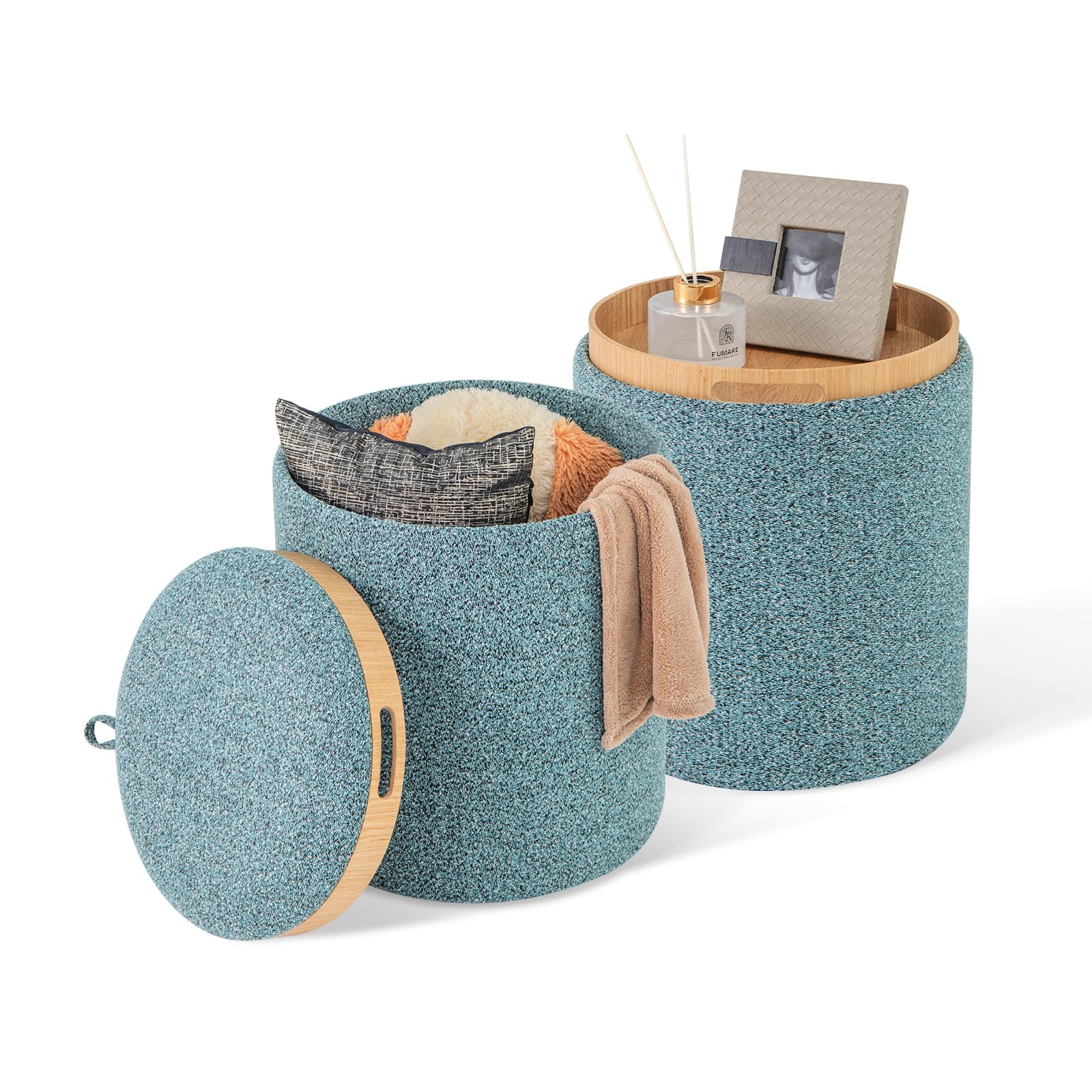 COSTWAY Set di 2 Pouf Contenitore, Pouf Rotondi Imbottiti da 41L+25L, con Vassoio Reversibile, Sgabello Contenitore Multifunzionale per Soggiorno, Camera da Letto, Portata 160 kg