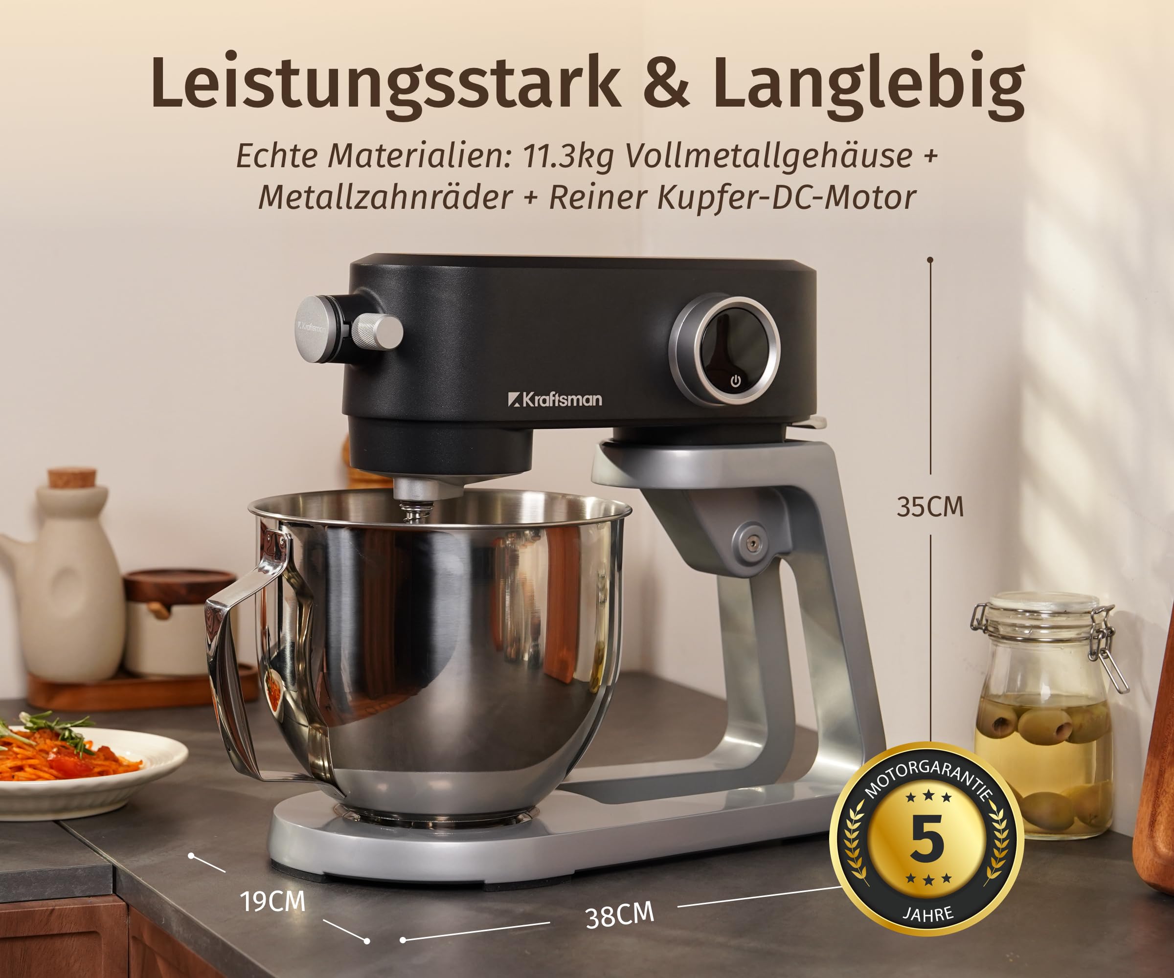 Küchenmaschine, Knetmaschine für Brotteig,Ganzmetallgehäuse,8 Stufen mit Timer,5 L Schüssel, 4 Edelstahl-Aufsätze (Schwarz)