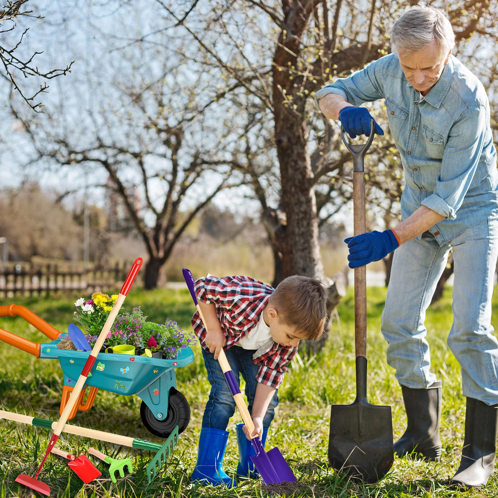 Aragallant Brouette Enfants, 14PCS Ensemble de Jardinage avec Outils de Jardin, Bêche, Râteau, Gants et Accessoires, brouette Jardin Kit de Jeu Éducatif pour Enfants 3 Ans