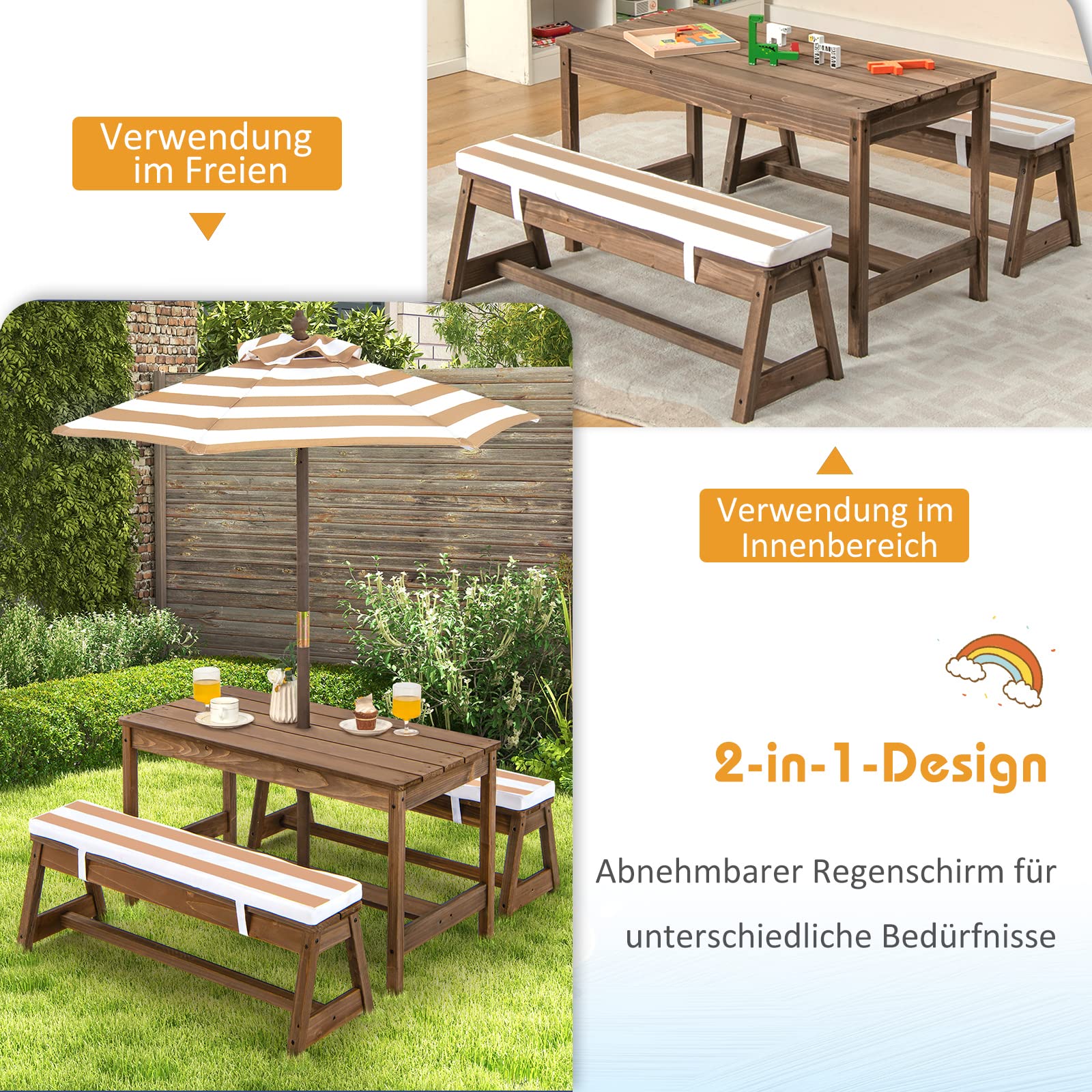 COSTWAY Kindersitzgruppe, Kinder Picknicktisch mit Bänke, Kissen & Sonnenschirm, Kindersitzgarnitur aus Holz, Sitzgarnitur, Sitzgruppe Outdoor, Gartenmöbel für Garten, Hinterhof, Terrasse (Hellbraun)