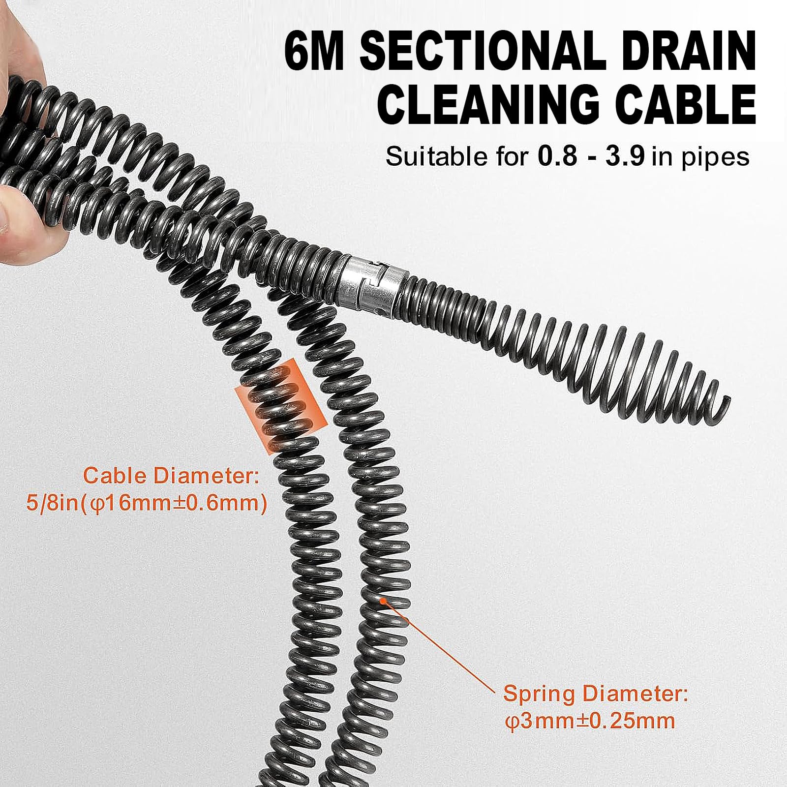 Sonda Sturatubi 6M di spirale Diametro 16 mm, Stura lavandini e scarichi, con 6 pezzi di testa di taglio per la pulizia dei tubi