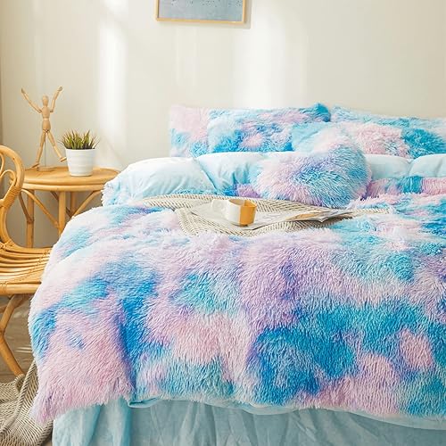 Miniatura 7 de FOPPA Edredón de felpa azul teñido anudado tamaño Queen con relleno, acogedor edredón de piel sintética, 3 piezas (1 edredón esponjoso + 2 fundas de