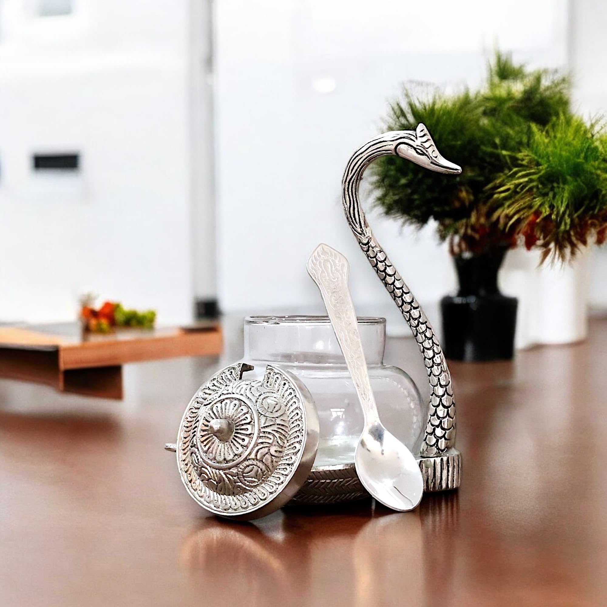 Aluminum Duck Shaped Blue Colored Glass Bowl Tray Set with Spoon (11 x 15 x 11 cm, Silver)