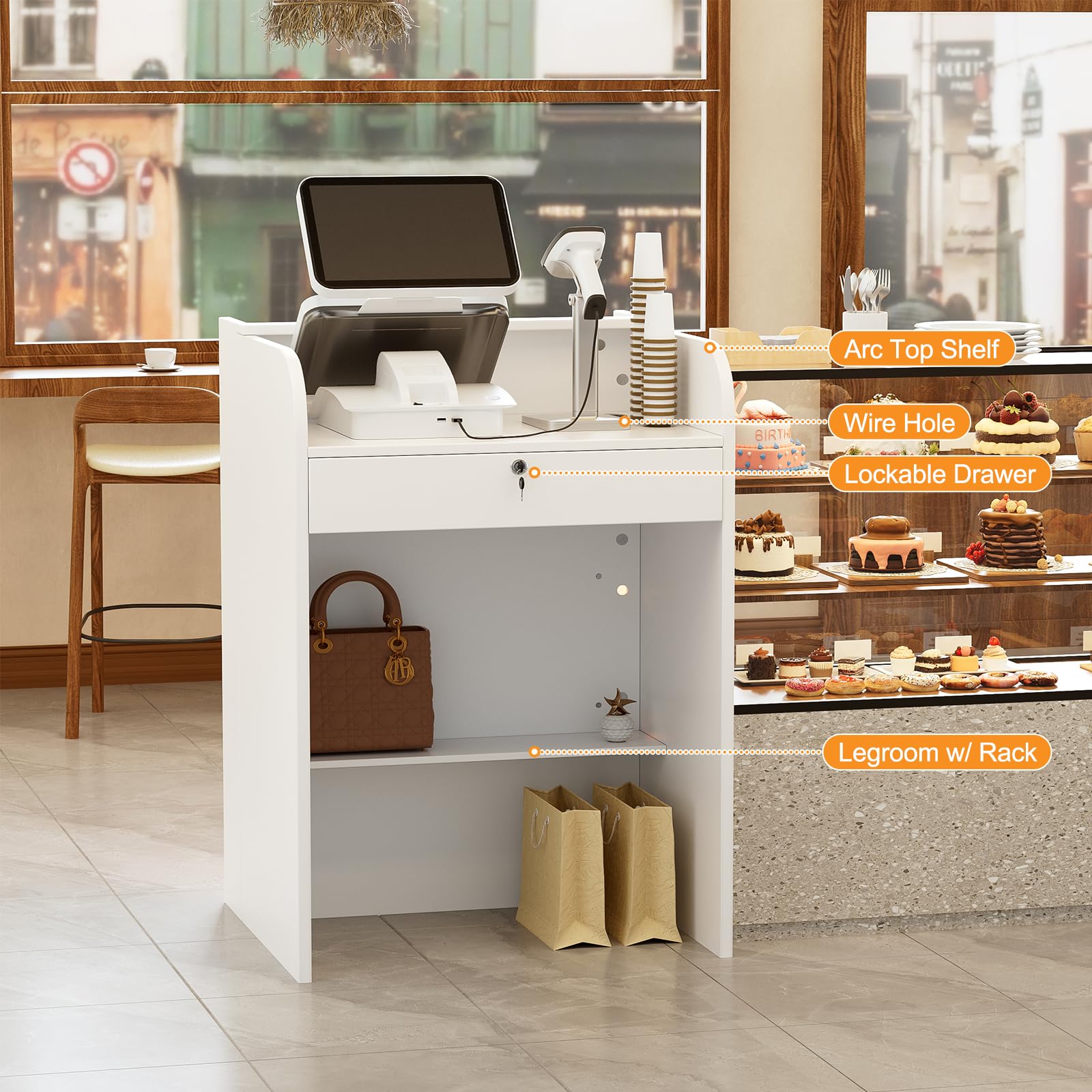 Mostrador de Recepción con Iluminación LED, Cajón con Cerrojo y Estante Exhibidor | Compacto Mostradores para Tiendas Escritorio de Recepción Moderno para Oficina, Tienda o Salón | Blanco | 60x60x95cm