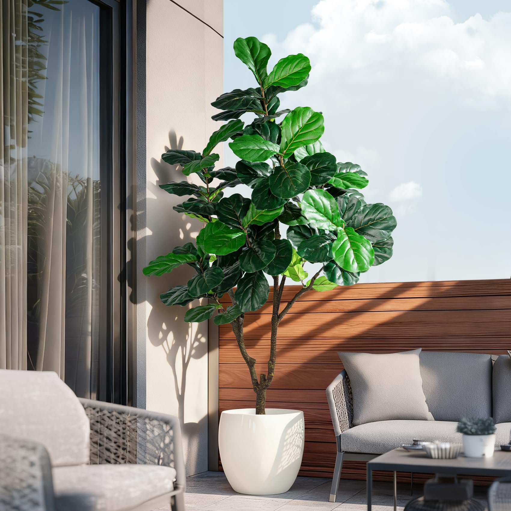 Photo 1 of Erimda Artificial Fiddle Leaf Fig Tree 6ft with White Planter Realistic Fiddle Leaf Lyrata Plant Tall Fake Tree with Natural-Looking Leaves Fake Tree for Indoor Outdoor Home Office Decor