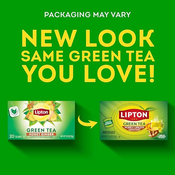 Lipton Honey Ginger Green Tea Bags 20-Count Flavored Unsweetened Hot or Iced Tea with Caffeine Flavonoids Natural Zesty Ginger Honey Aroma Rainforest Alliance Certified