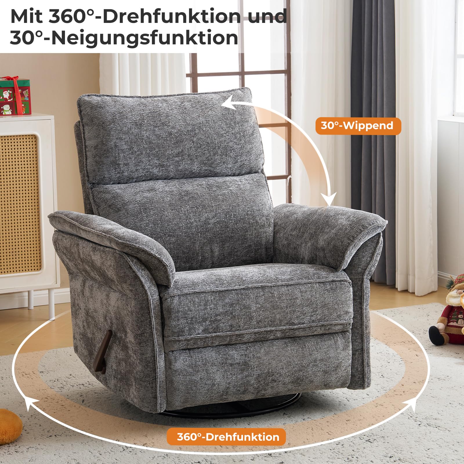 Fernsehsessel mit Liegefunktion und Verstellbarer Kopfstütze, 360°Drehbarer TV Sessel Wohnzimmer, Relaxsessel mit Gepolsterte Kopfstütze, Seitentaschen, grau