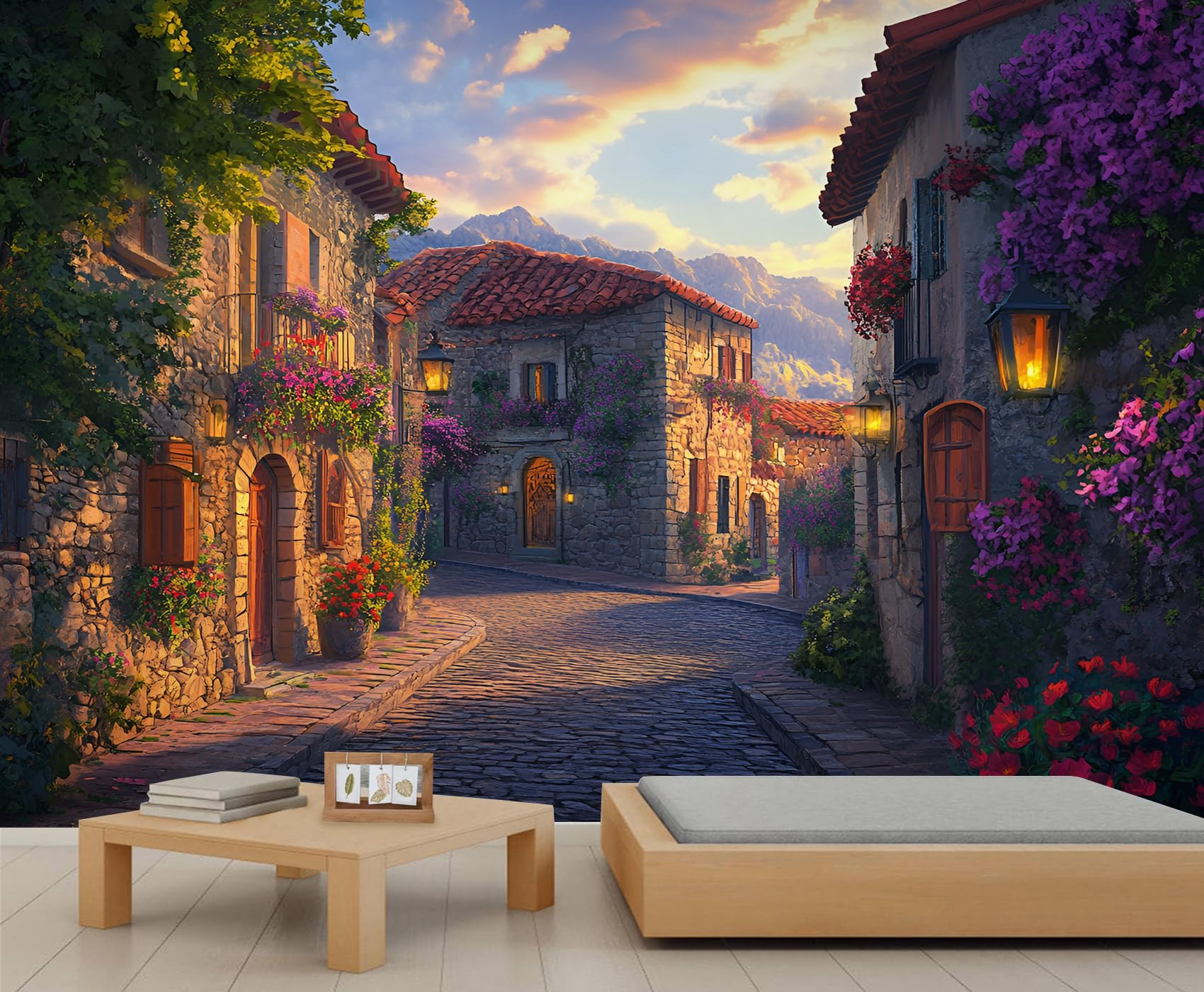 Tuscany Italy Mural Wallpaper 300x210cm Village Town Scenery Wall Mural Italian Street Bedroom Wallpaper Italy Wall Decor (Not Peel n' Stick)