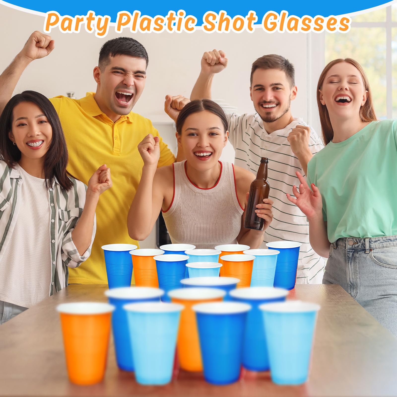 JarThenaAMCS Einweg-Trinkbecher, stapelbar, Partybecher für Welpen, Hunde, Geburtstag, Babyparty, Camping, 473 ml, Orange / Blau, 150 Stück