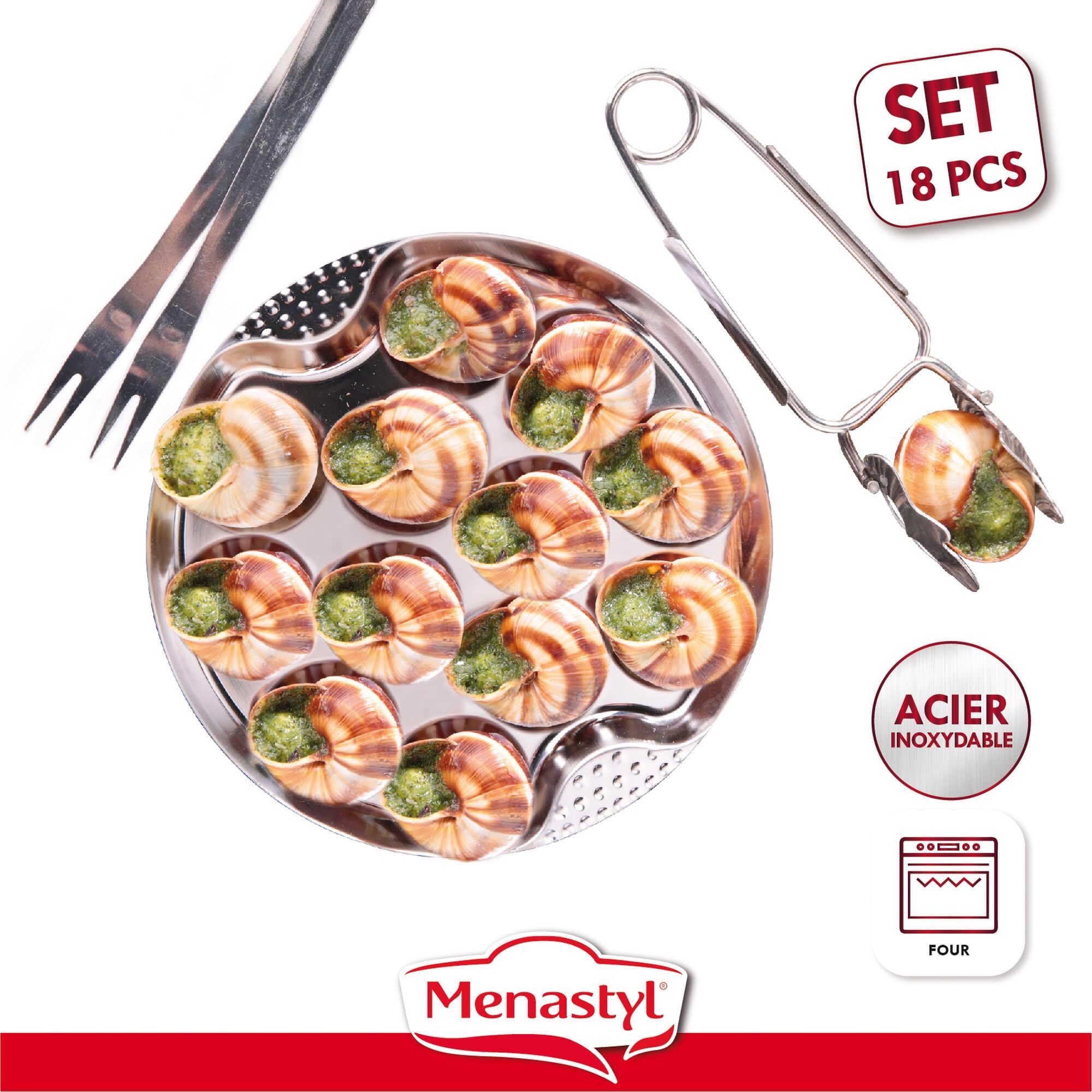 Menastyl 5040063 The Kitchenette-Servizio 18 Pezzi, 6 Piatti da 12 Ø 19 cm + 6 pinzette 6 forchette per lumache, Acciaio Inossidabile