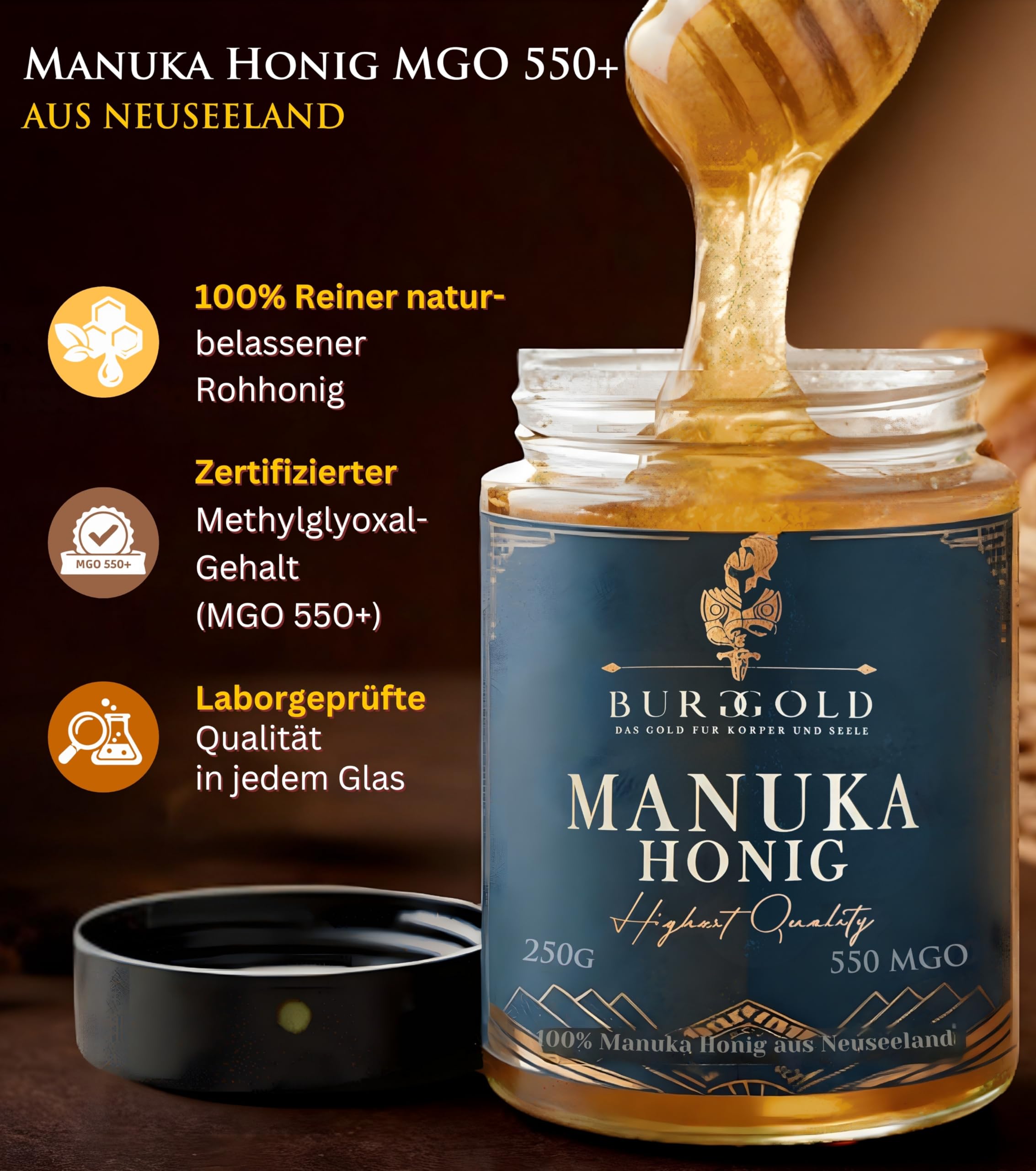 Burggold Manuka Honig 550 MGO+ im Glas (250g) (100% reiner Premium Honig aus Neuseeland mit zertifiziertem Methylglyoxal Gehalt, laborgeprüft, vakuumversiegelt, ohne Zusätze)
