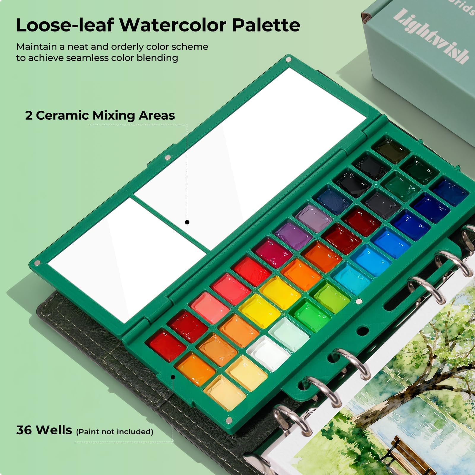 LIGHTWISH Carnet de croquis aquarelle – Classeur à anneaux 17 × 10 cm avec 20 feuilles 100 % coton (pressé à froid), palette en céramique 36 cavités et 2 pinceaux à eau – Pour peinture extérieure et