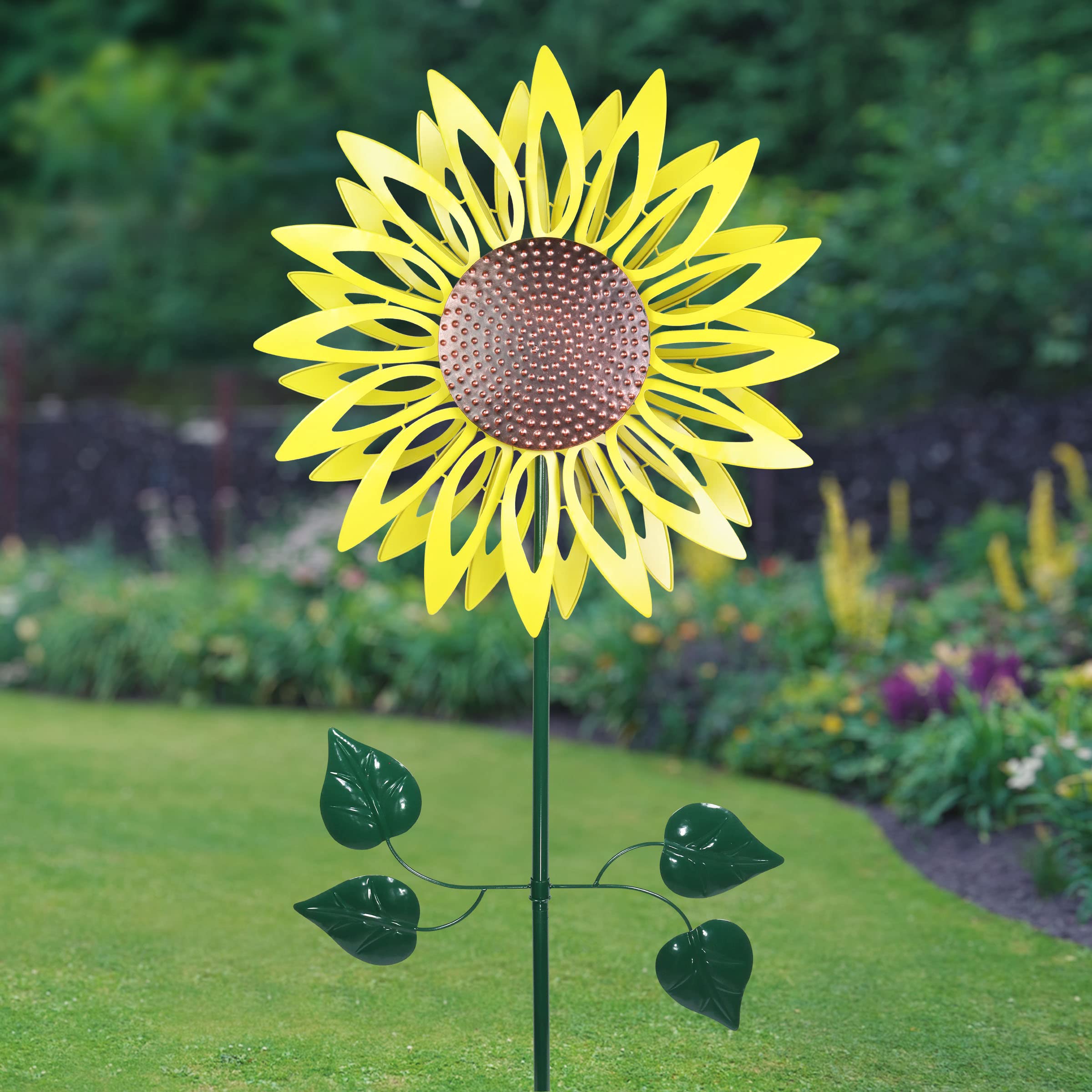Exhart Wind Spinner, Giant Yellow Sunflower Garden Stake, Dual Wind Powered Metal Outdoor Garden Decor and Yard Art, 24 x 84 Inch
