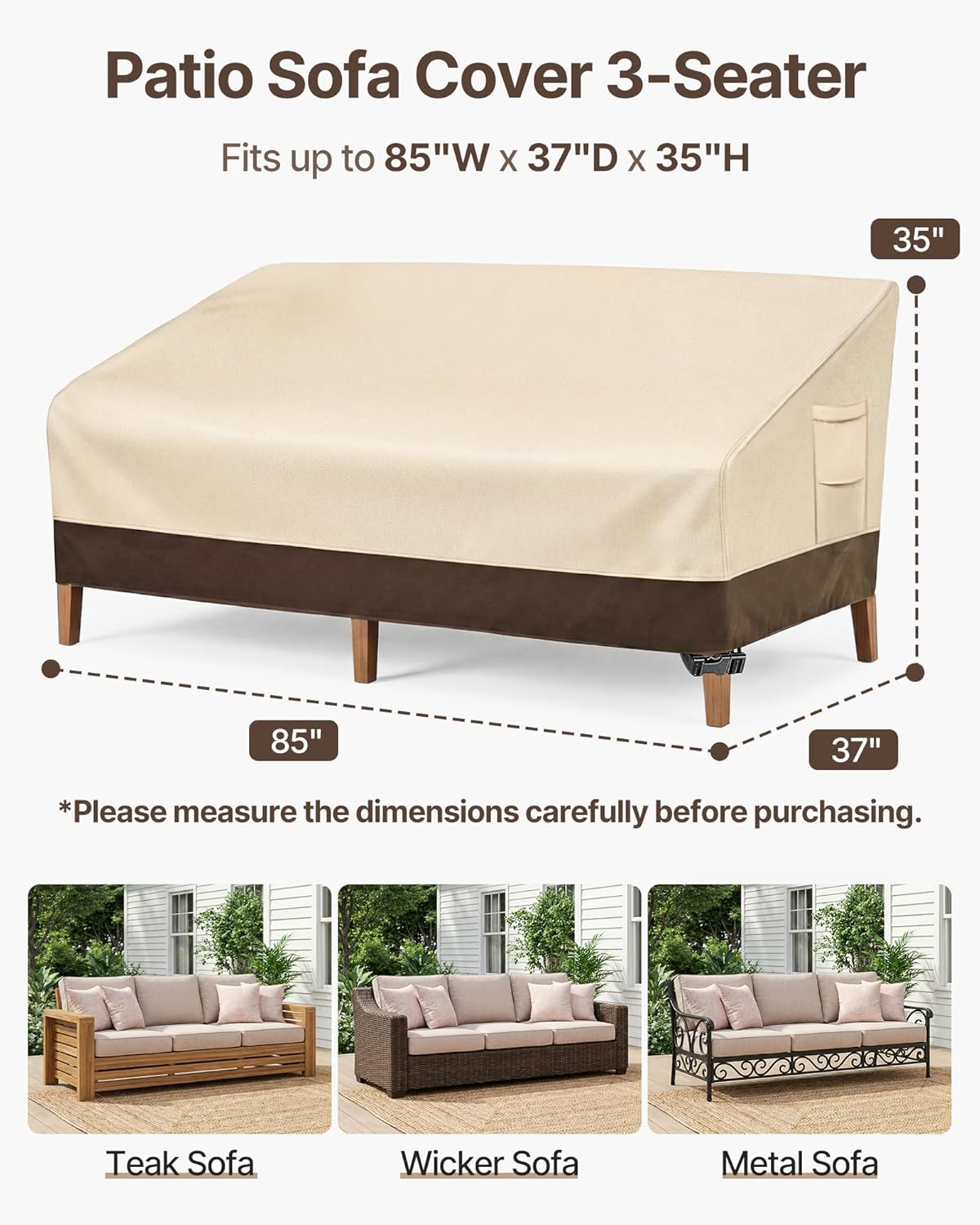 Vailge Heavy Duty Patio Sofa Cover, 100% Waterproof 3-Seater Outdoor Sofa Cover,Lawn Patio Furniture Covers with Air Vent and Handle,60"W x 35"D x 35" H,Beige&Brown 60"Wx35"Dx35" H Beige&Brown