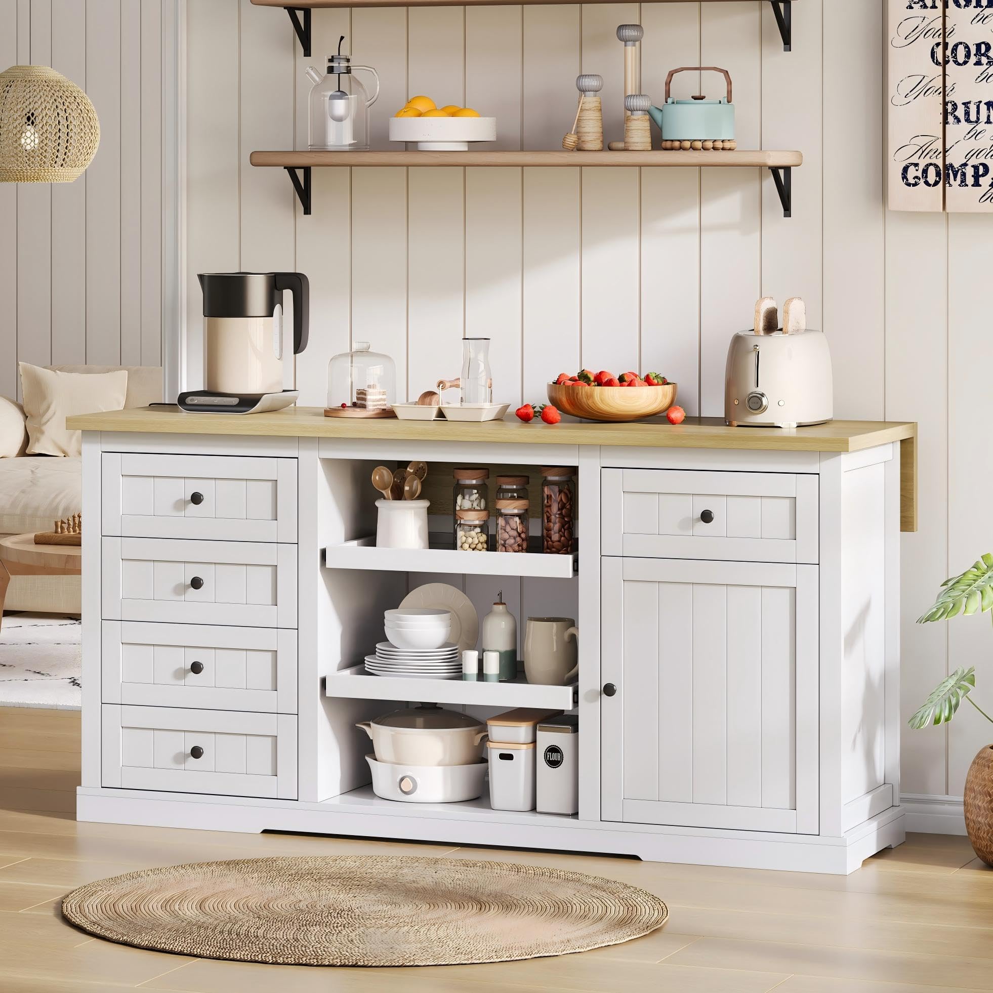 Îlot de Cuisine Mobile avec Tablette Escamotable, 5 Tiroirs et Prises Intégrées, Ilot Central Cuisine Meuble de Rangement Multifonction Blanc, 150x65x75 cm