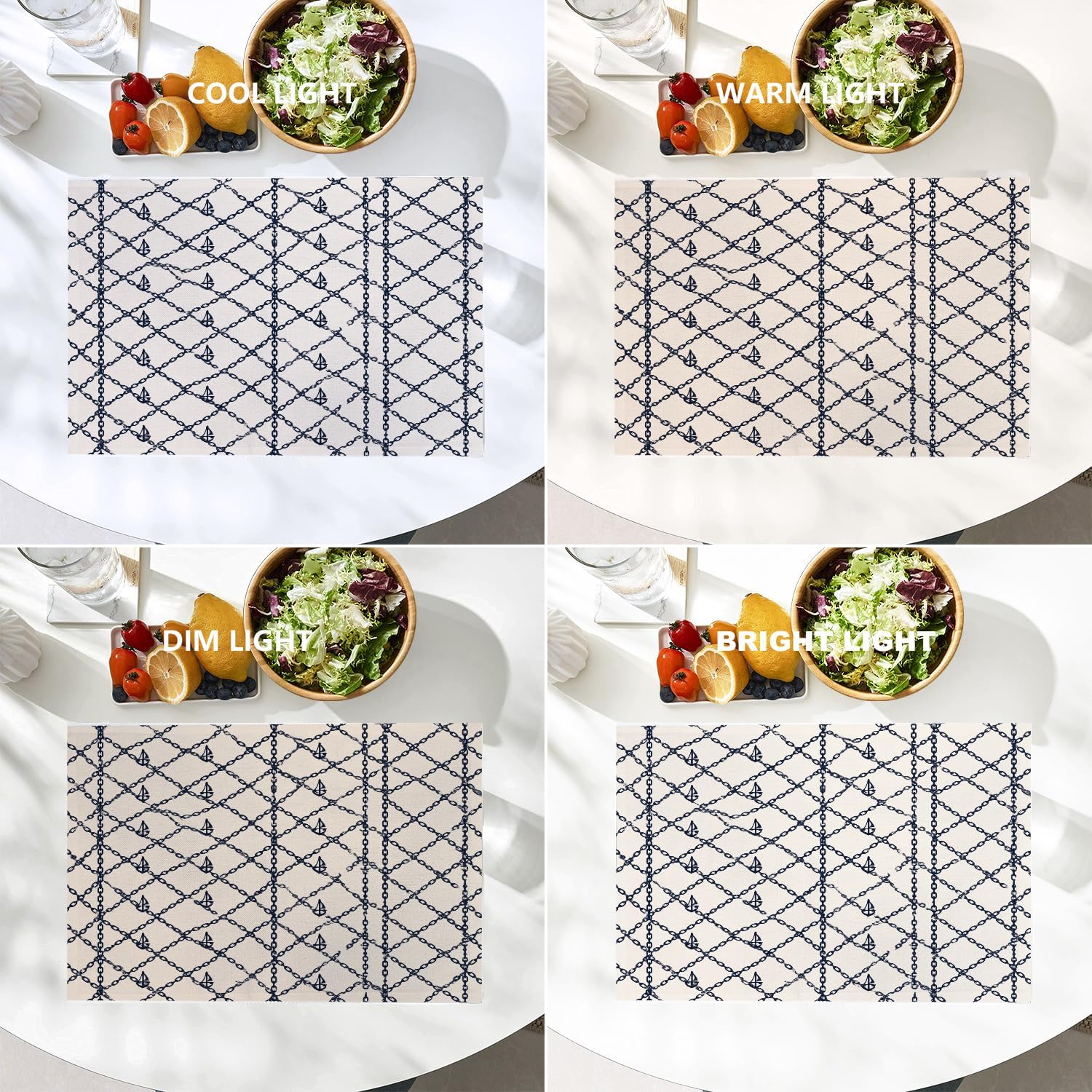 Batmerry Maritime Anchors Placemats, Chain Link Nautical Elements Washable Linen Table Mats for Kitchen Table Double Insulation Decor Dining Set Indoor Outdoor 12X18 in Set of 4
