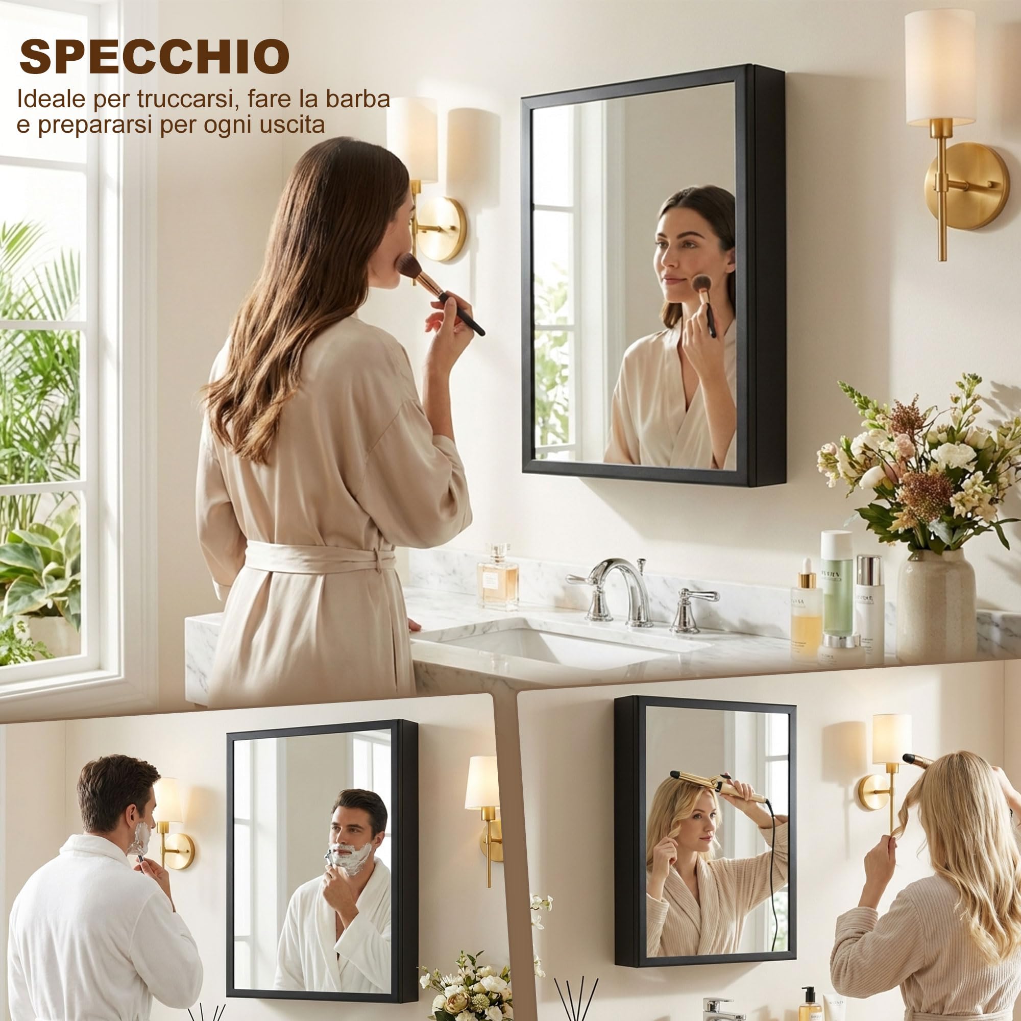 kleankin Specchiera Bagno in Acciaio con Armadietto a 3 Ripiani, Pensile Bagno con Chiusura Ammortizzata, 40x12x60cm, Nero