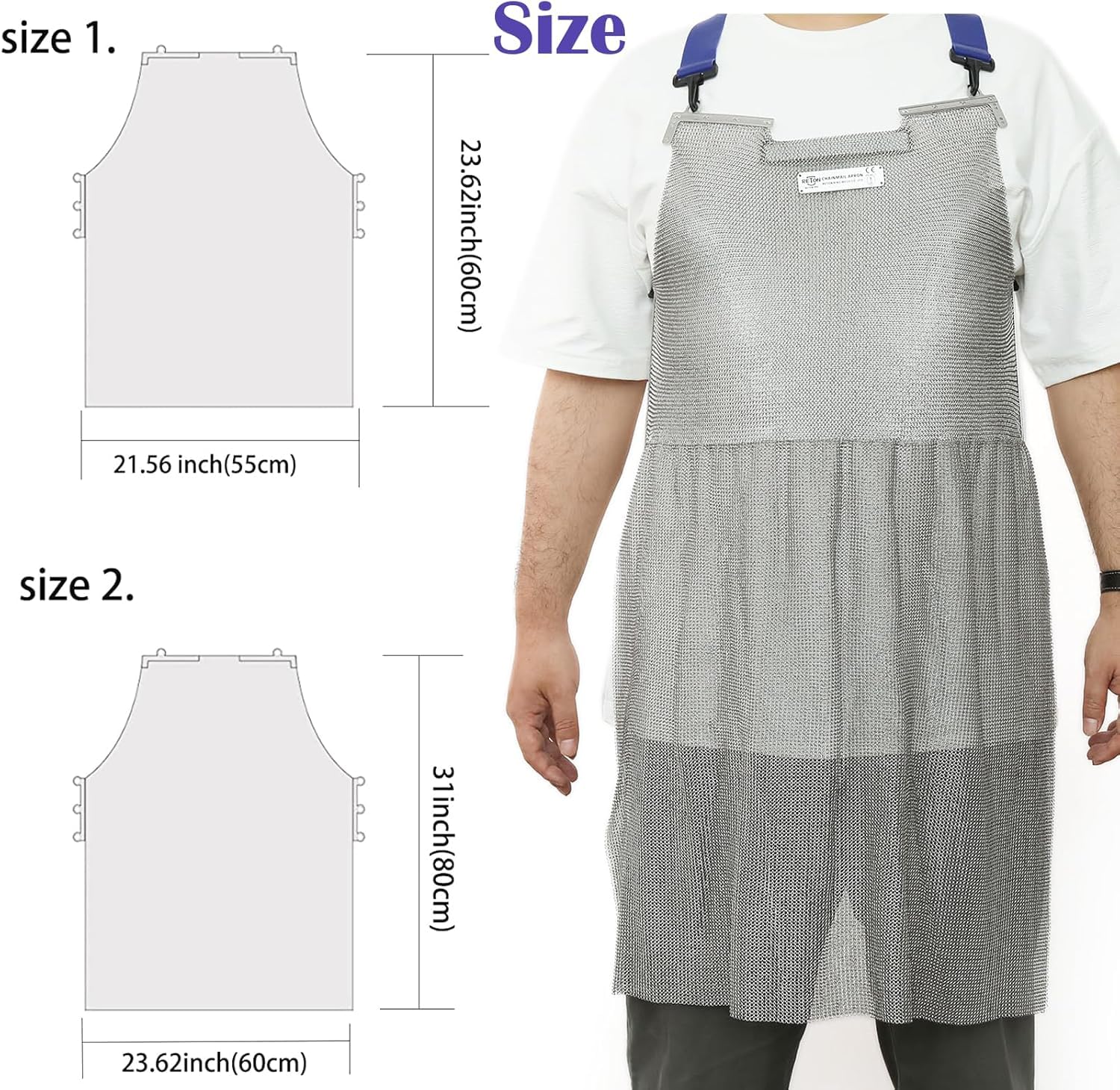 Edelstahl Kettenschürze für Metzger, Schwere Ausführung, Schnittfeste Arbeitsschürze aus 316L Edelstahl-Metallgewebe, Verstellbare Gurte, Lebensmittelgeeignet (L(60 * 80cm))
