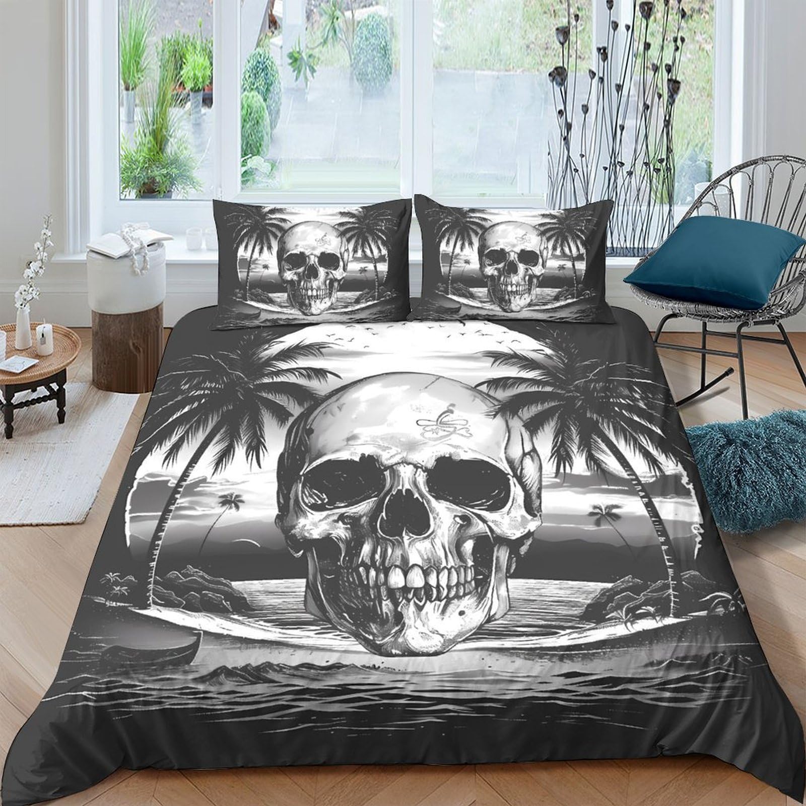 Ctjqhvkz Style-8 3D Printed Skull Island Fitted Sheet Microfiber Black Palm Bed Cover For Bedroom Guest Room Decor Dust Protection Single（135X200cm）