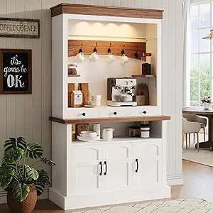 Coffee Bar Cabinet with LED Light, 72" Tall Farmhouse Coffee Bar Hutch with Storage, Sideboard Buffet Cabinet with Microwave Stand/Glass Shelf/6 Hooks/3 Drawers for Kitchen Living Dining Room, White