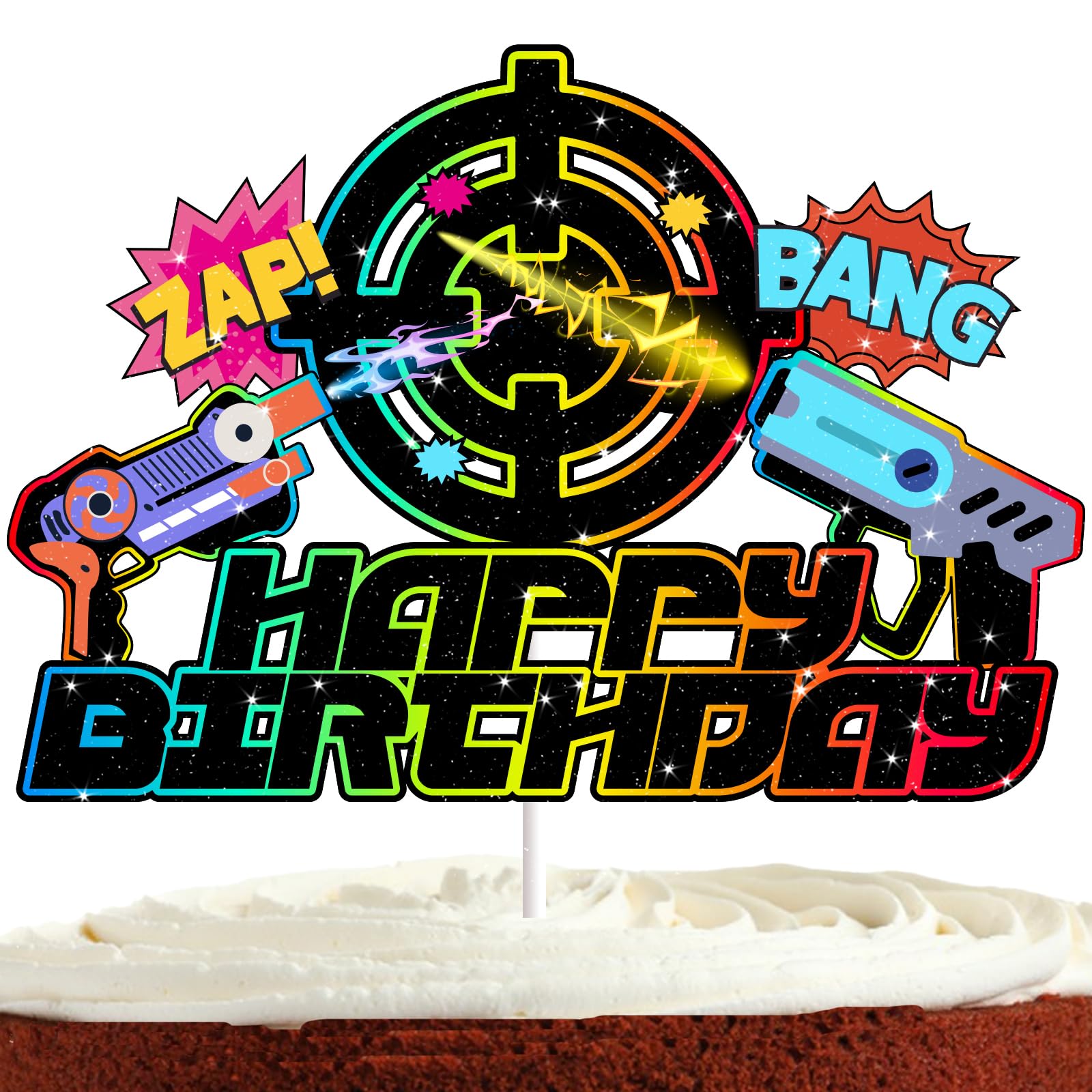Dark Laser Game Cake Topper for Boys Girls Adult Happy Birthday Gun Game Laser Party Supplies Favors Glitter Neon Cake Decorations