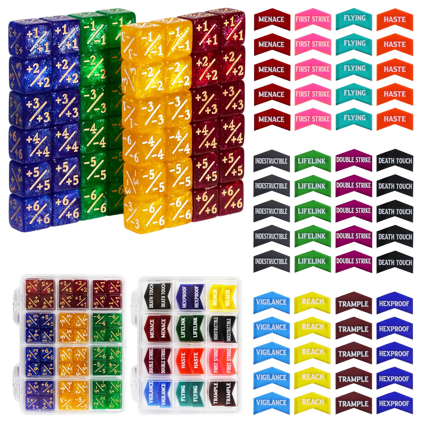 SIXPOINTS 108PCS 12mm MTG Counter Dice +1/+1 Tokens 6 Sided Dice & MTG Keyword Counters Tokens Set for Magic The Gathering, MTG, TCG, Card Games Accessories (4 Color Dices#B + MTG Keyword Counters)