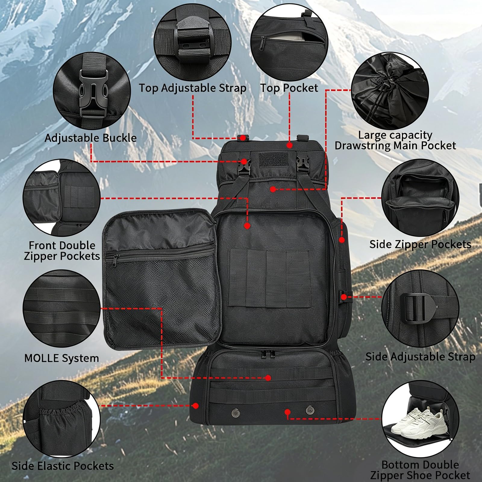 80l plecak turystyczny Trekking plecak kempingowy z kieszenią na buty dla kobiet mężczyzn, duża Podróżna Torba Na Bagaż Plecak podróżny Plecak Na Kolarstwo na świeżym powietrzu Wspinaczka