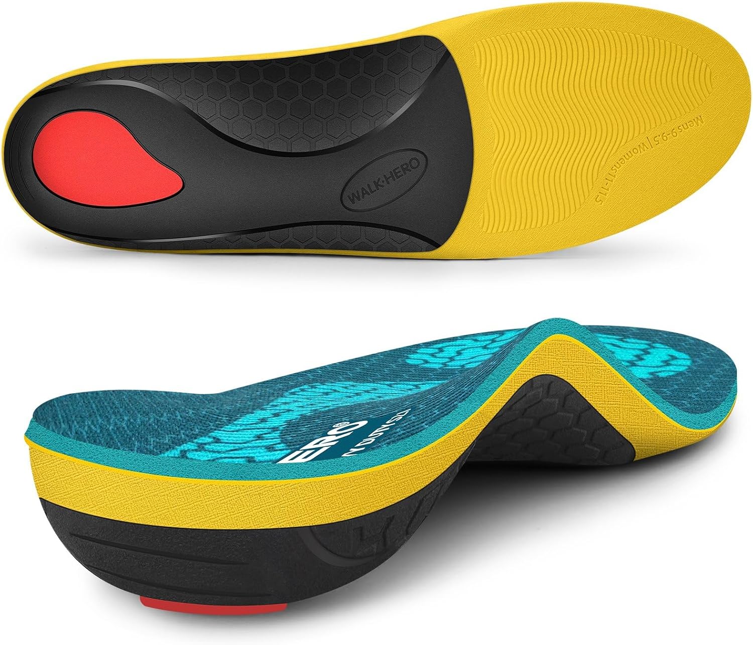 WalkHero Heavy Duty Plantar Fasciitis Pain Relief Inserts - Flat Feet Orthopedic Shoe Insoles for Standing All Day - High Arch Support Insoles for 220+ lbs (Mens 15-15.5, Coral Green) Mens 15 - 15.5 Coral Green