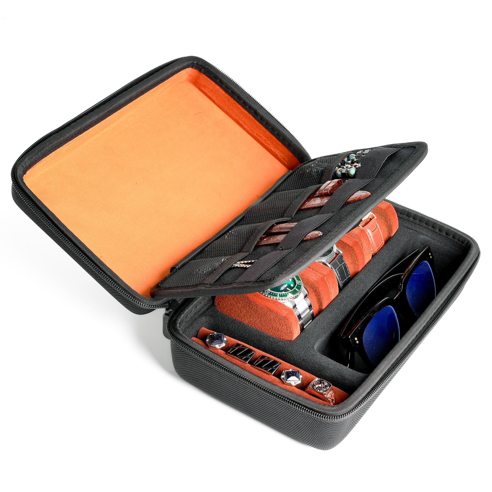 AUKURA watch case for travel and storage (Padded 3 slots w/glasses and accessories compartment),hold glasses,rings,cufflinks and watchband