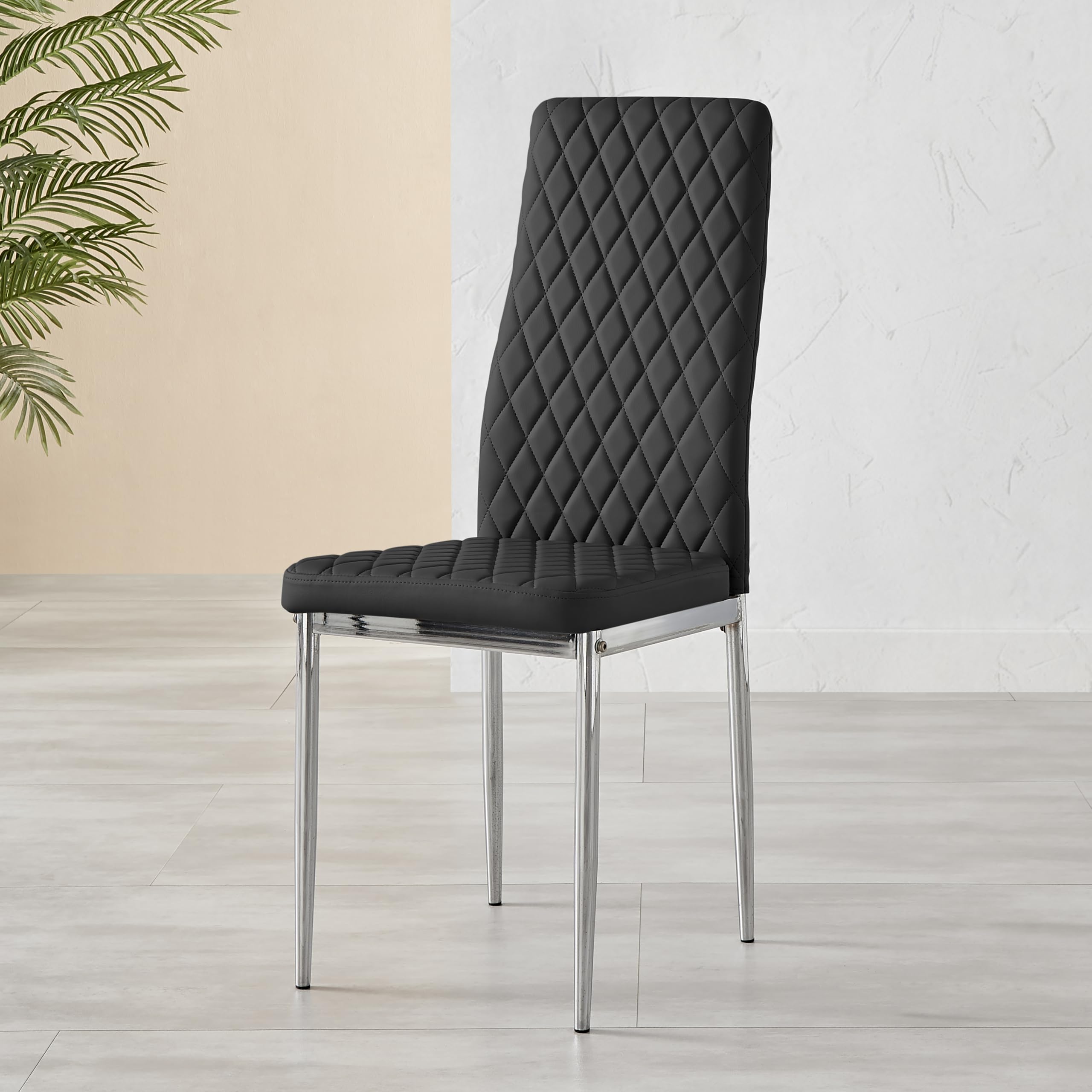 Furniturebox UK Milan Dining Chair - Set of 4 or 6 Dining Chairs - Premium Dining Room Chairs - Contemporary & Luxurious Chrome Hatched Diamond Faux Leather Dining Seats (4x Black Chairs) — image 1