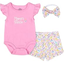 Baby Infant Girl 3 Piece Outfit Short Set with Ruffle Sleeve Bodysuit, Shorts & Headband Spring & Summer Gift Collection