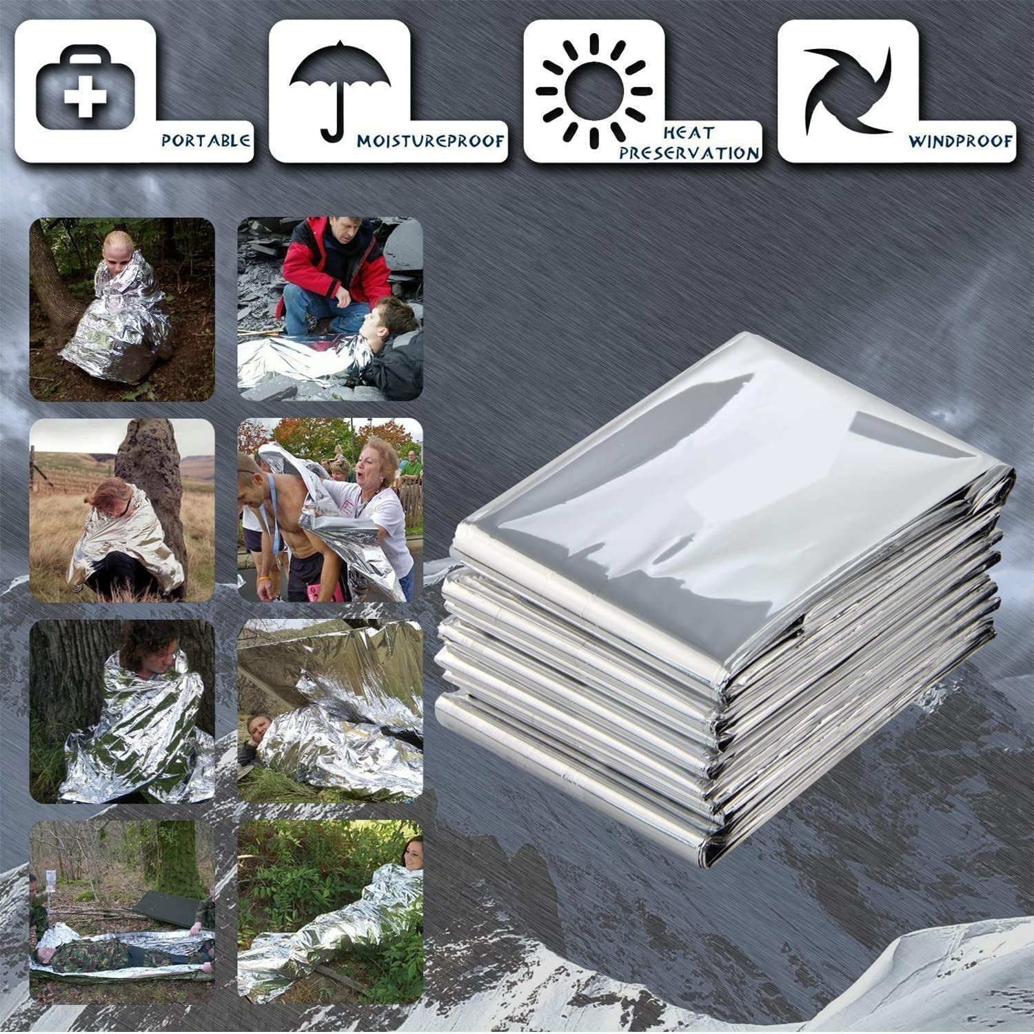 Manta Térmica de Emergencia Mylar 160x210cm Plateada Altamente Reflectante para Acampar