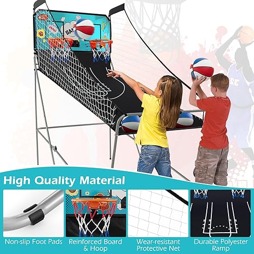 Vista 40 de Goplus Juego de arcada de baloncesto plegable de doble tiro, juego de aro de baloncesto con puntuación electrónica, 8 modos de juego, 4 bolas, Negro
